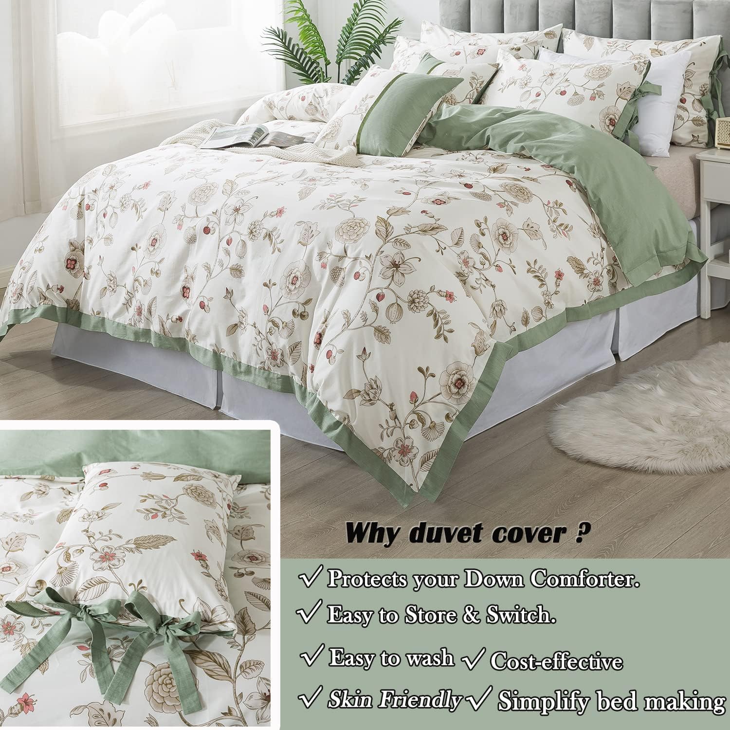 FADFAY Juego de funda de edredón tamaño individual XL, juego de ropa de cama floral 100% algodón, ropa de cama universitaria para dormitorio, funda