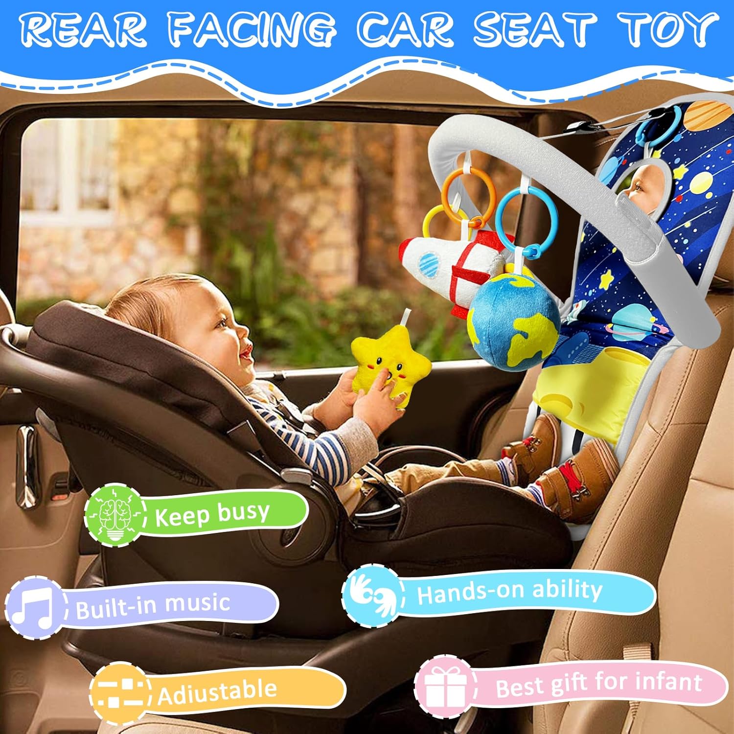 Juguetes de asiento de automóvil para bebés de 6 meses en adelante, juguetes de asiento de automóvil con piano de pedal musical, espejo de bebé y