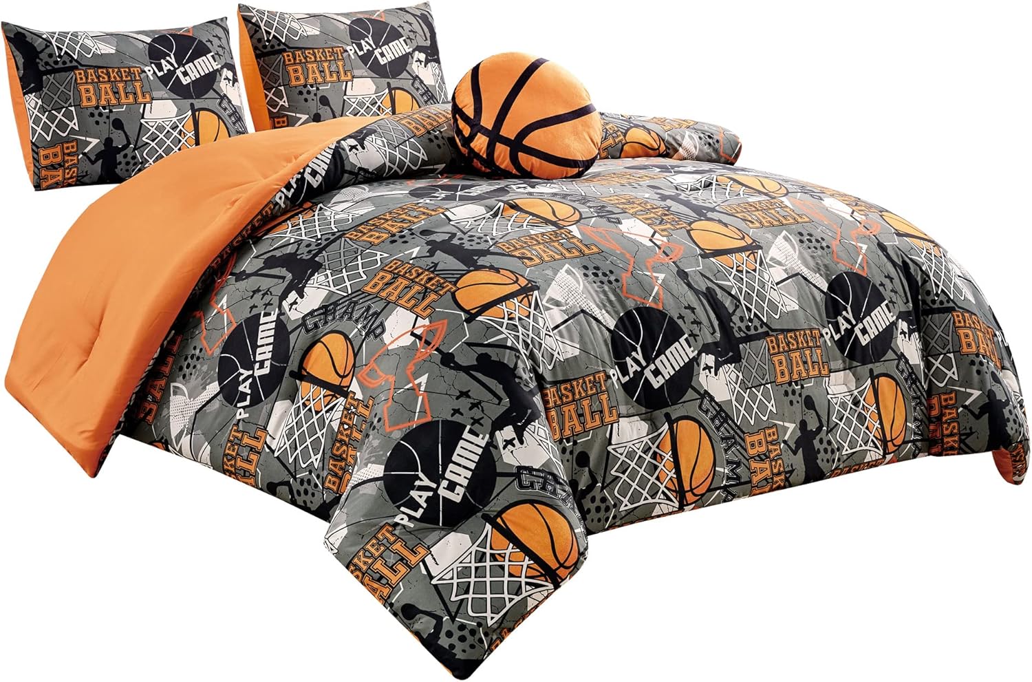 Chezmoi Collection Juego de edredón de 3 piezas para niños, microfibra suave, gris, naranja, multicolor, baloncesto, Slam Dunk Sports, tamaño