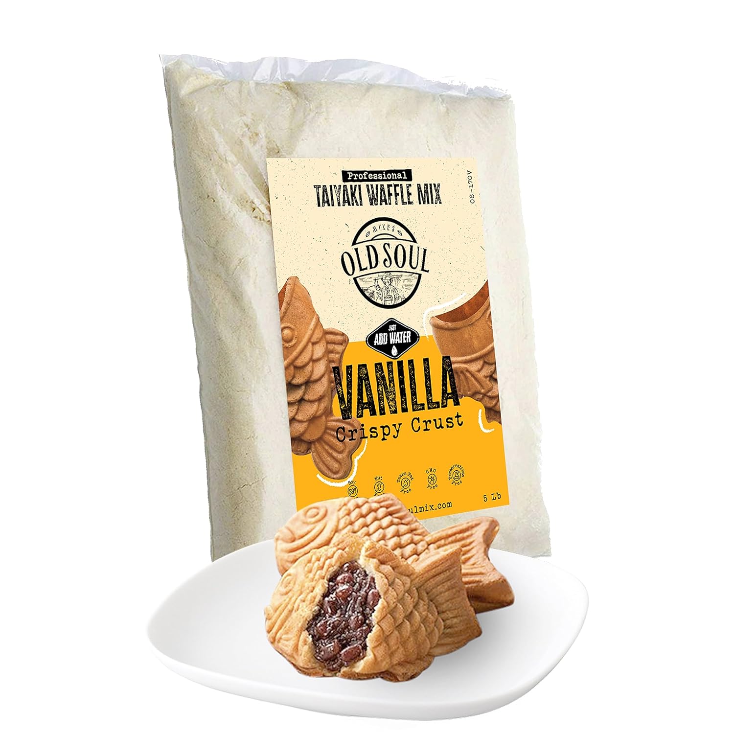 OldSoul Professional Taiyaki Waffle Mix  Crujiente  Sabor vainilla  Sin soja y nueces  5 libras  84 waffles (vainilla, 5 libras)