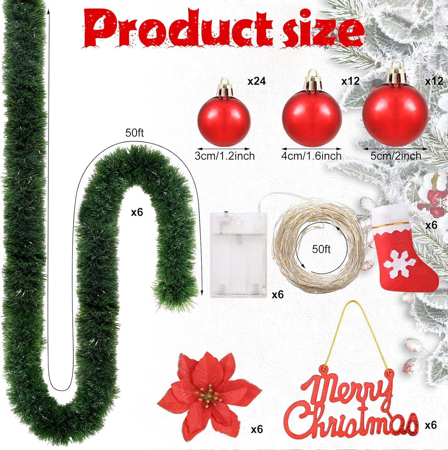 Juego de guirnaldas artificiales de Navidad de 300 pies con luces LED, adornos de bolas, guirnalda de Navidad, accesorios de decoración de