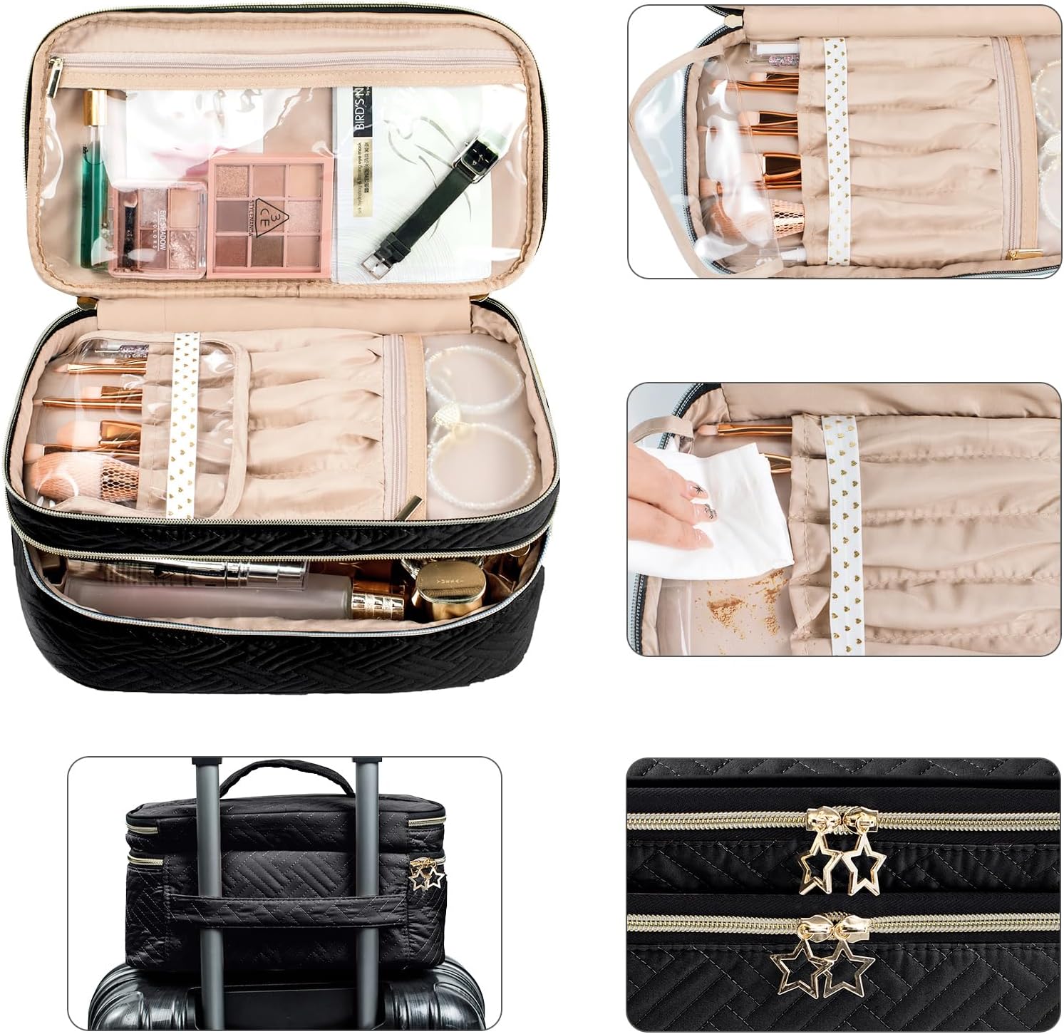 AMOIGEE Bolsa de maquillaje grande, organizador de bolsa de maquillaje de viaje, estuche de tren de doble capa, bolsa de maquillaje, bolsa de aseo