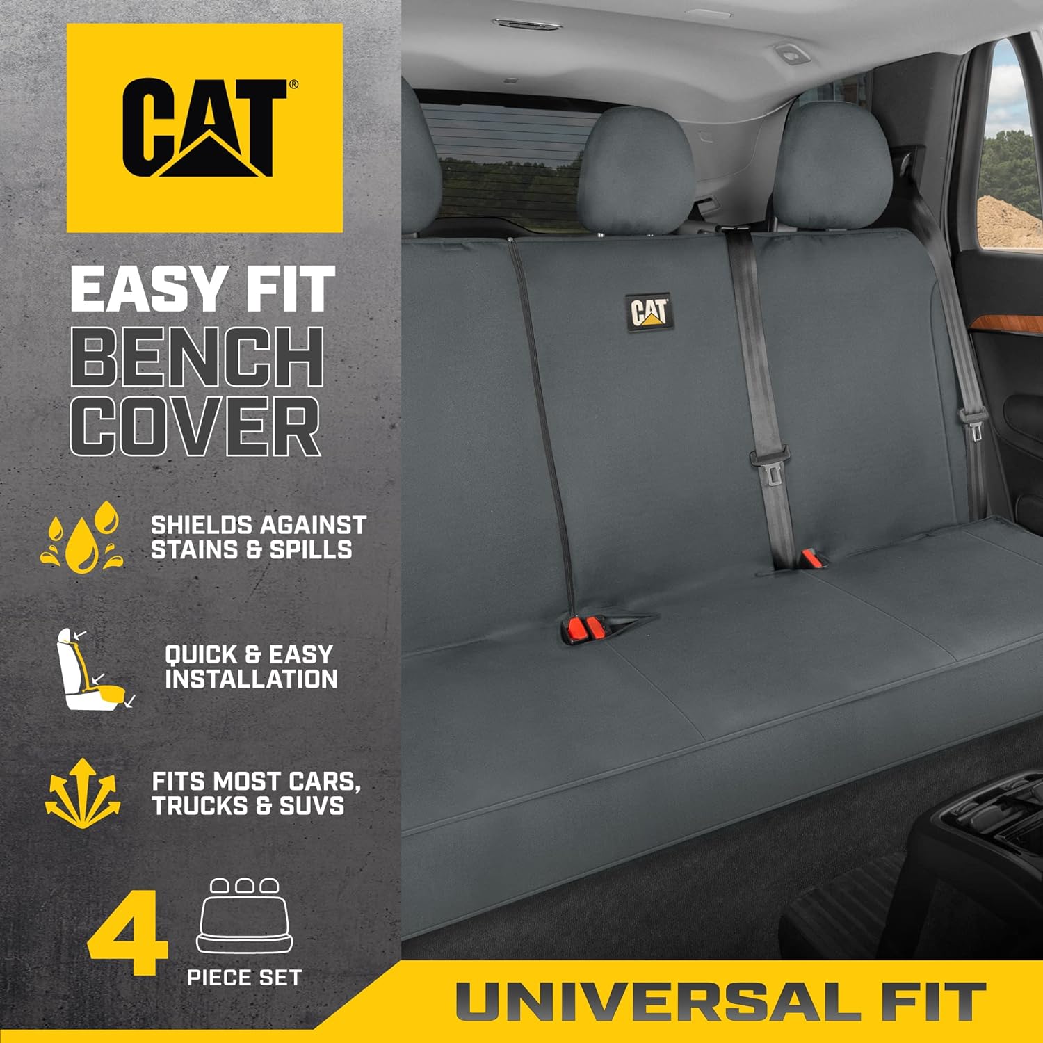 Cat Flexfit Funda de asiento trasero para coches, camiones SUV, protector de banco trasero dividido con cremallera y material de lona duradero,