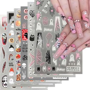 6 hojas de calcomanías de arte de uñas de Halloween, lindos dibujos animados, fantasma, calabaza, calcomanías de uñas autoadhesivas en 3D, máscara 6 hojas de calcomanías de arte de uñas de Halloween, lindos dibujos animados, fantasma, calabaza, calcomanías de uñas autoadhesivas en 3D, máscara