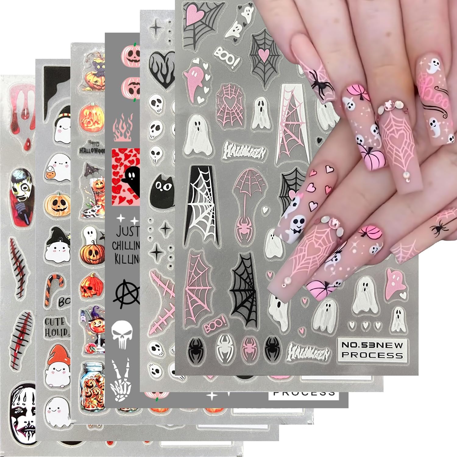 6 hojas de calcomanías de arte de uñas de Halloween, lindos dibujos animados, fantasma, calabaza, calcomanías de uñas autoadhesivas en 3D, máscara