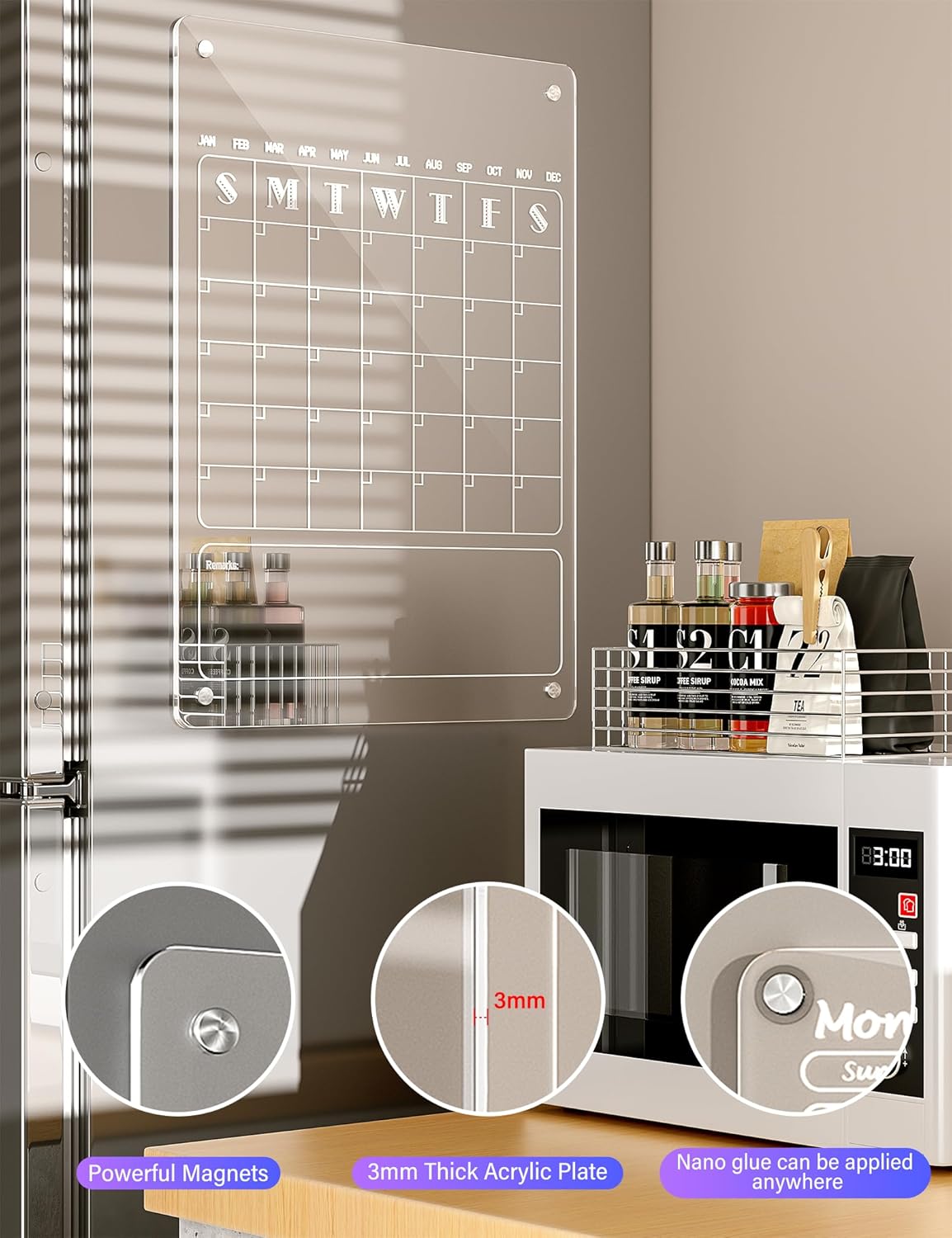 Calendario semanal mensual magnético acrílico para refrigerador, 2 juegos de calendario magnético transparente para refrigerador, planificador