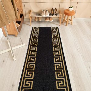 Pasillo antideslizante respaldado de goma del color del oro negro del diseño de la llave griega del tamaño de encargo Pasillo antideslizante respaldado de goma del color del oro negro del diseño de la llave griega del tamaño de encargo