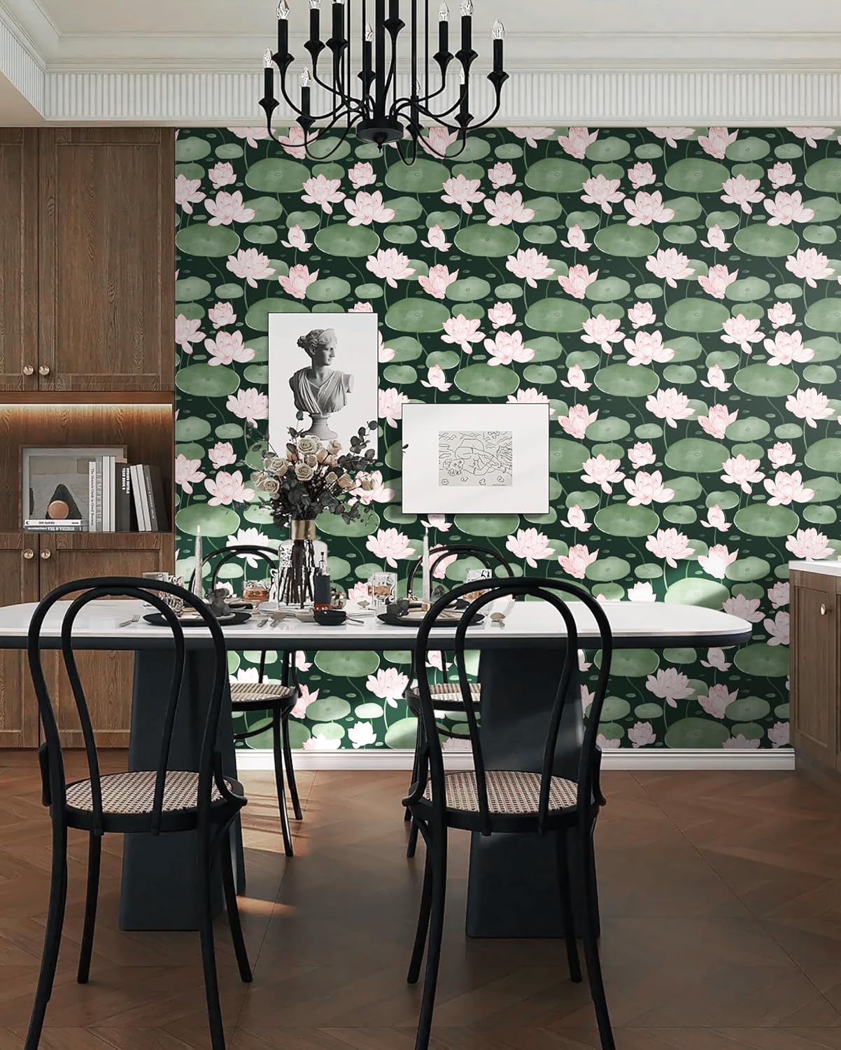 Yasinet Papel tapiz autoadhesivo para despegar y pegar, papel tapiz vintage con flores de loto verde oscuro, papel de contacto autoadhesivo