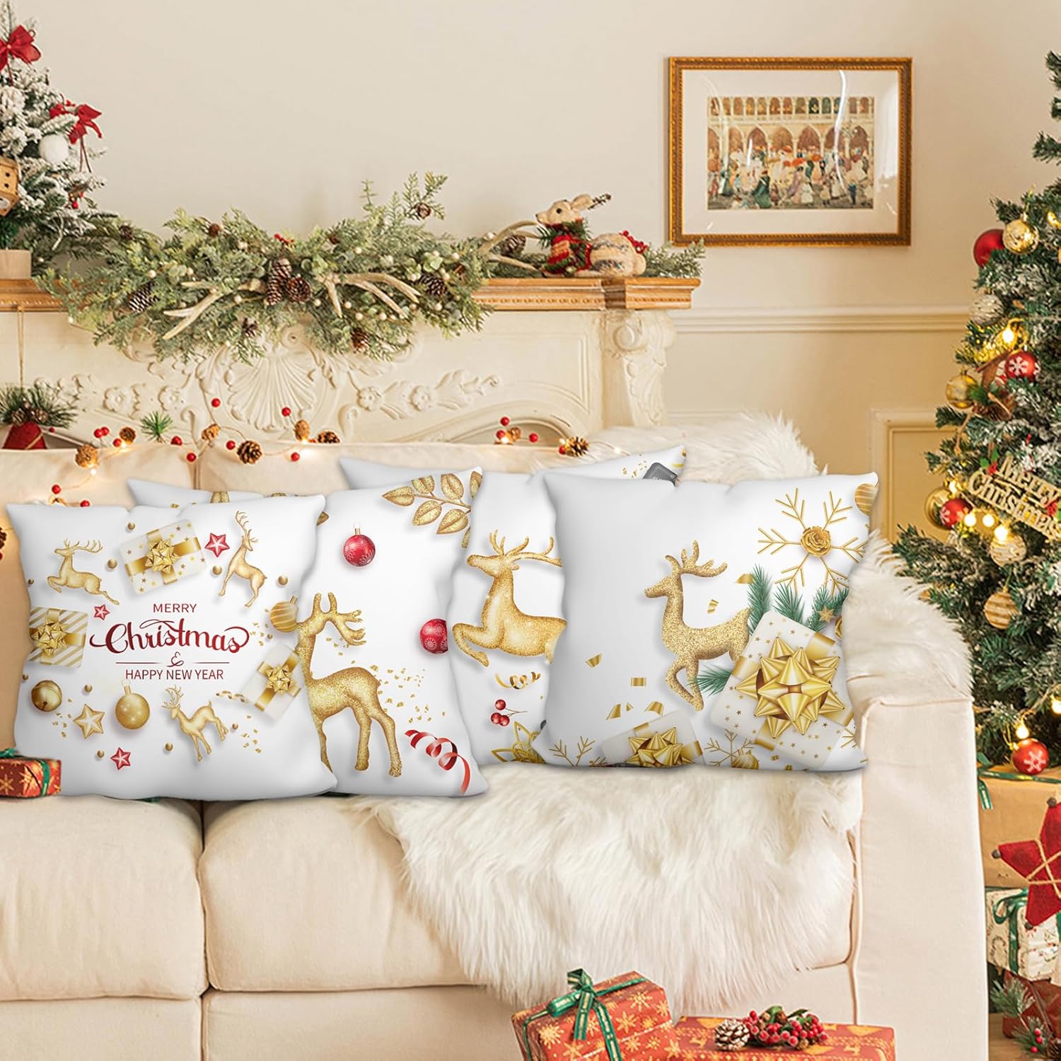 WSZBDY Juego de 4 fundas de almohada de Navidad, copos de nieve de oro blanco, decoración de Navidad, renos, 18 x 18 pulgadas, juego de 4 adornos de