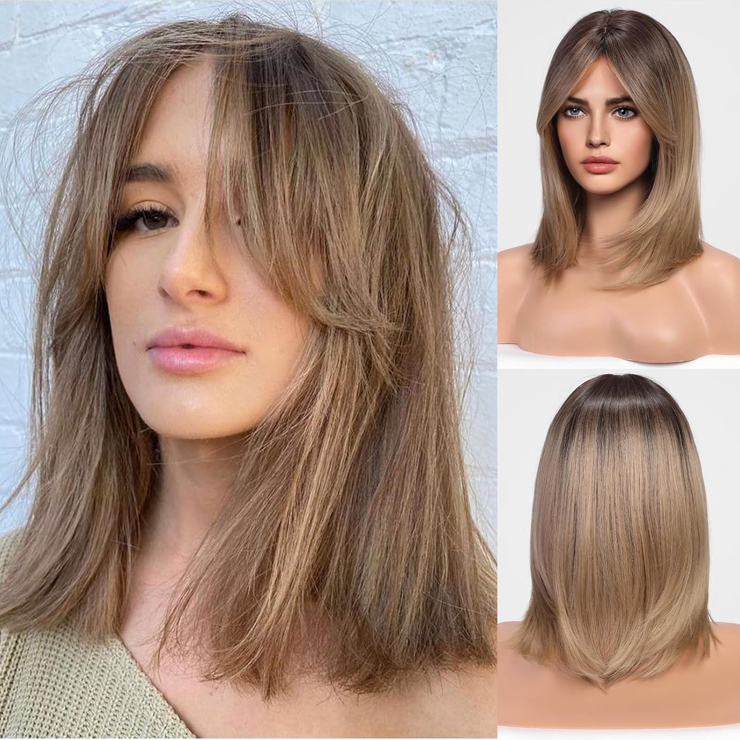 HAIRCUBE Pelucas de color marrón degradado para mujer, peluca rubia ceniza con flequillo de cortina, longitud al hombro, peluca sintética natural