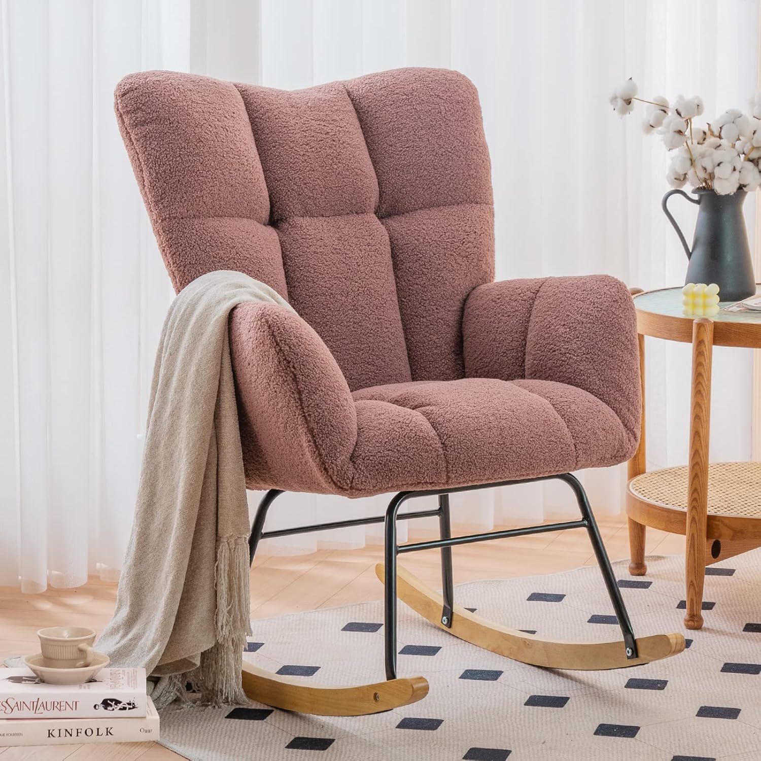 NIOIIKIT Mecedora tapizada para guardería, mecedora tapizada de peluche, asiento acolchado con respaldo alto, silla auxiliar cómoda para sala de
