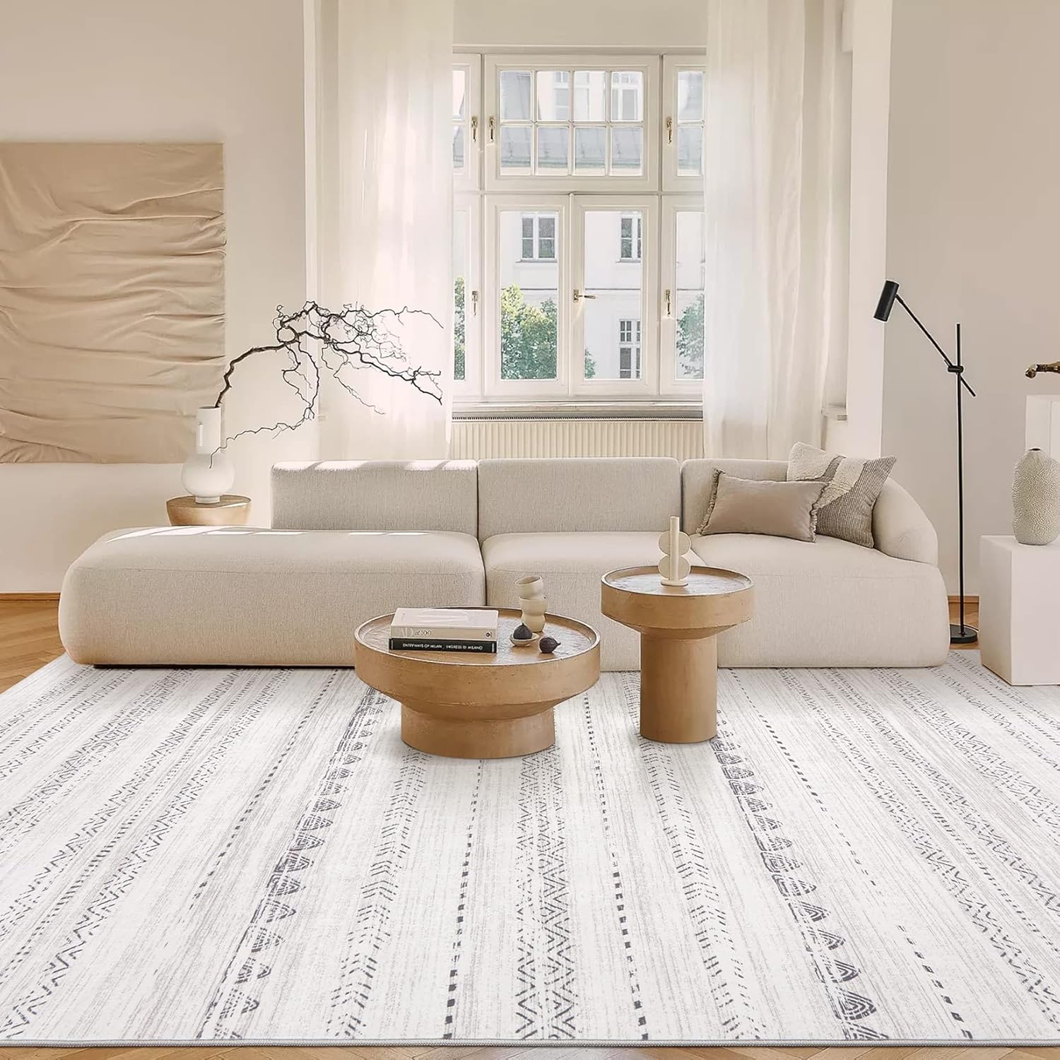 Alfombra de área para sala de estar 6 x 9 pies, grande, suave, lavable a máquina, estilo bohemio, marroquí, casa de campo, neutro, resistente a las