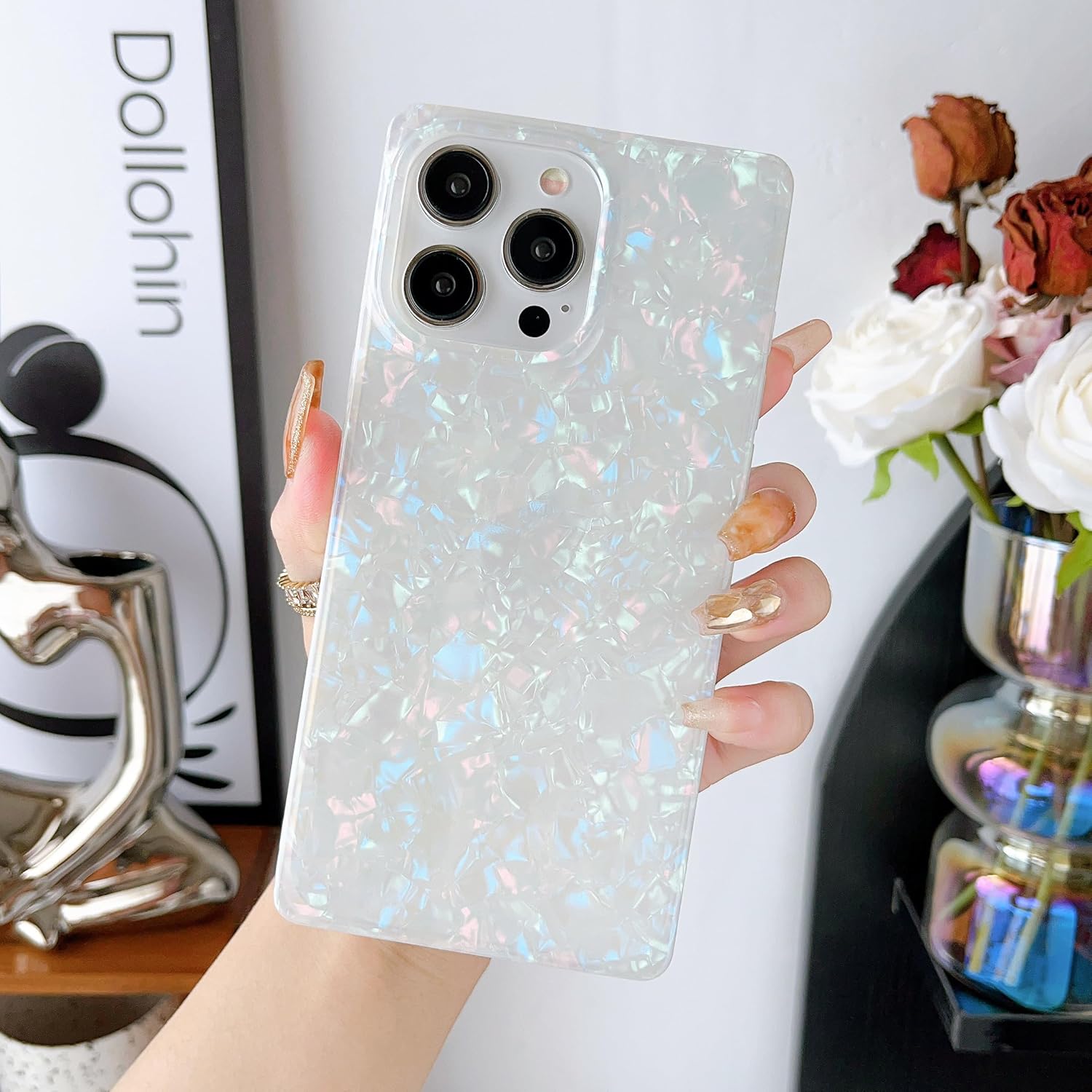 Jmltech Funda con borde cuadrado para iPhone 15 Pro Max, funda con purpurina de leopardo, híbrida, a prueba de golpes, silicona transparente, funda