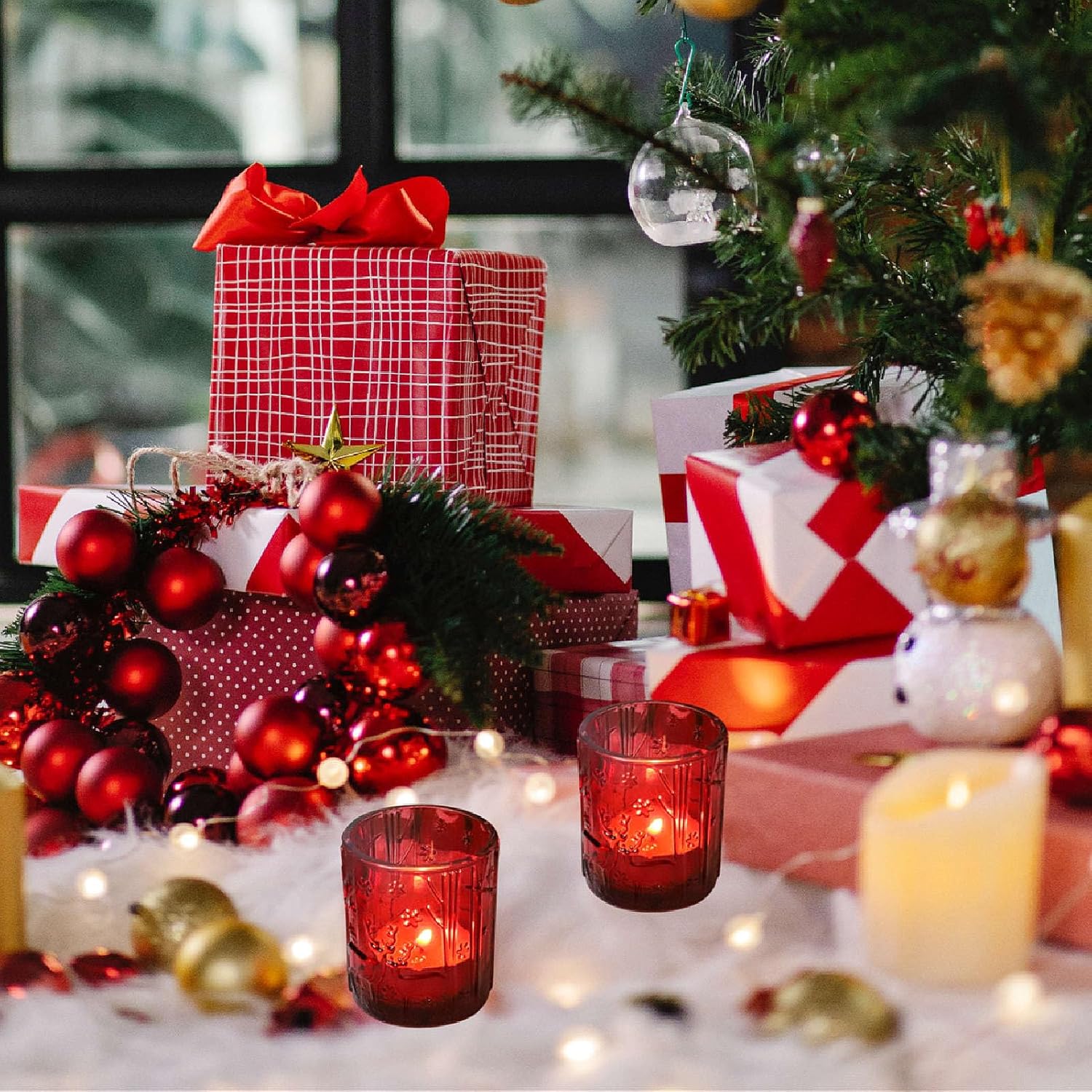 12 portavelas votivas de renos rojos, portavelas de Navidad, centro de mesa de festival, velas de té de vidrio para fiesta de Navidad, vacaciones,