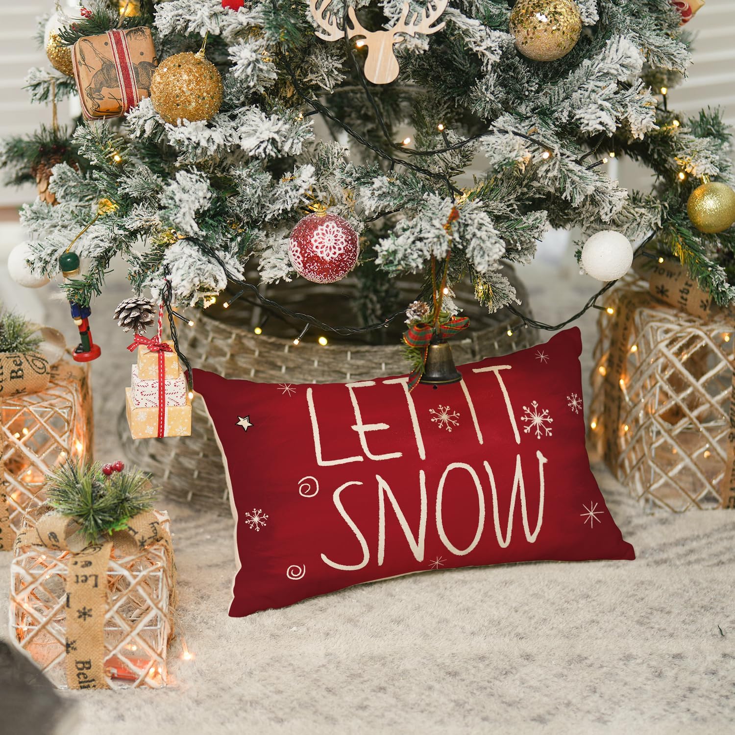 AVOIN colorlife Juego de 4 fundas de almohada con diseño de muñeco de nieve con texto en inglés Merry Christmas con diseño de muñeco de nieve Let It