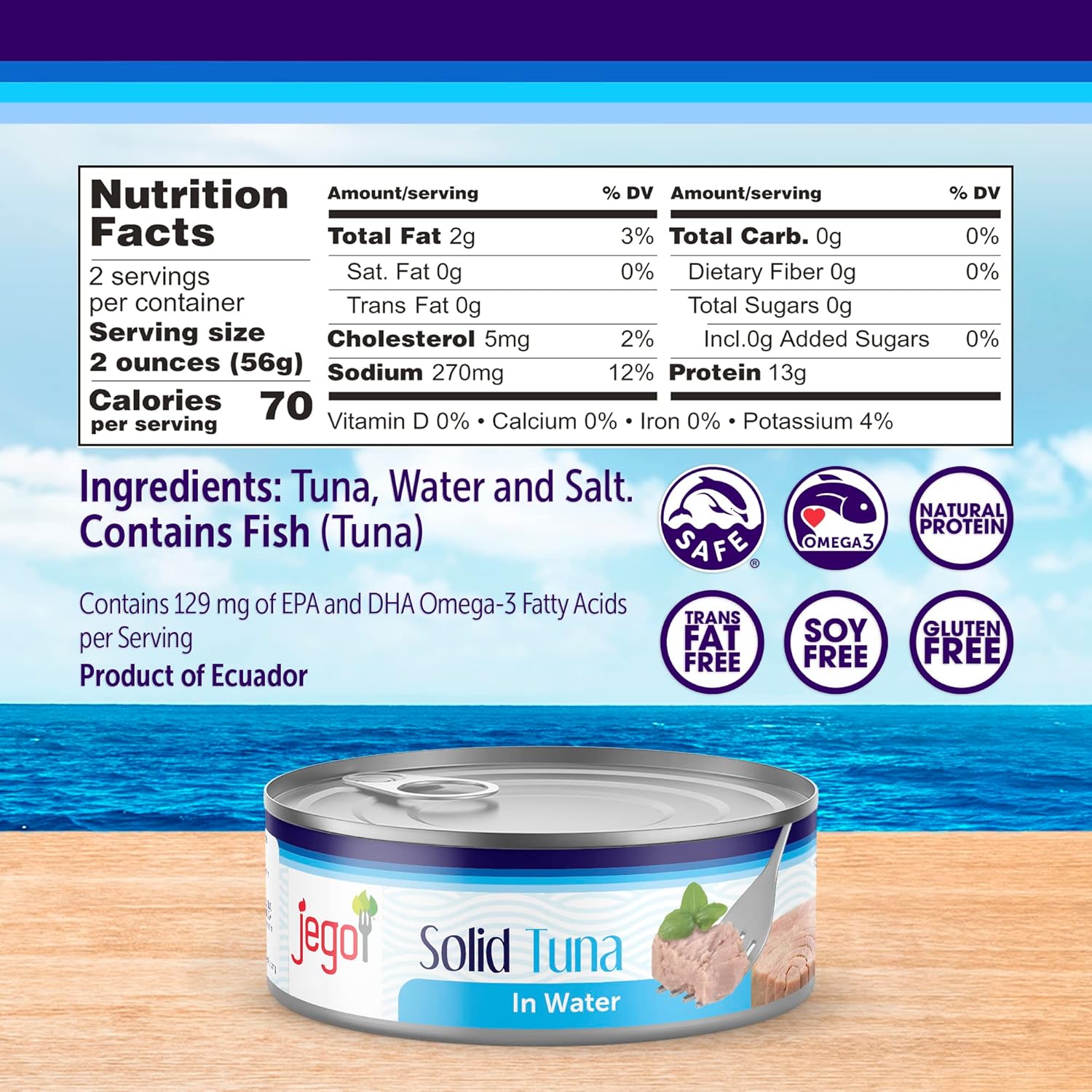 Jego Atún sólido en agua  Atún natural salvaje  Keto  Bajo en carbohidratos  Sin gluten  Sin soja  Enlatado  Listo para comer  Paquete de 3  Lata de