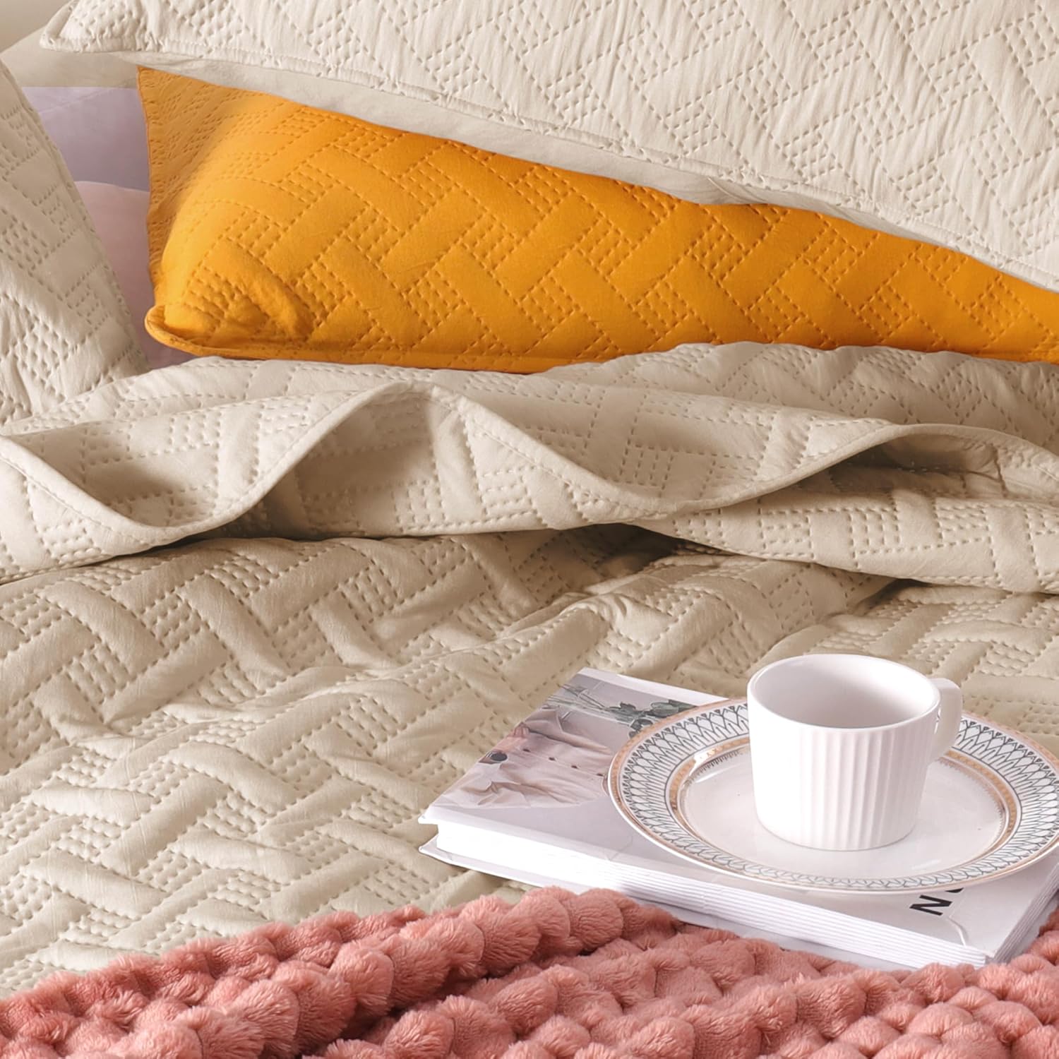Exclusivo Mezcla Juego de edredón tamaño Queen Matrimonial, colcha suave de hueso beige para todas las estaciones, juego de ropa de cama ligero y