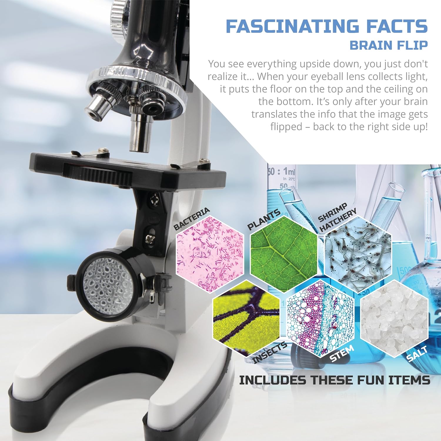 Discovery #MINDBLOWN – Juego de microscopio de 48 piezas con marco de metal duradero, aumento de 100X a 1200X, juego completo con tubos de ensayo,