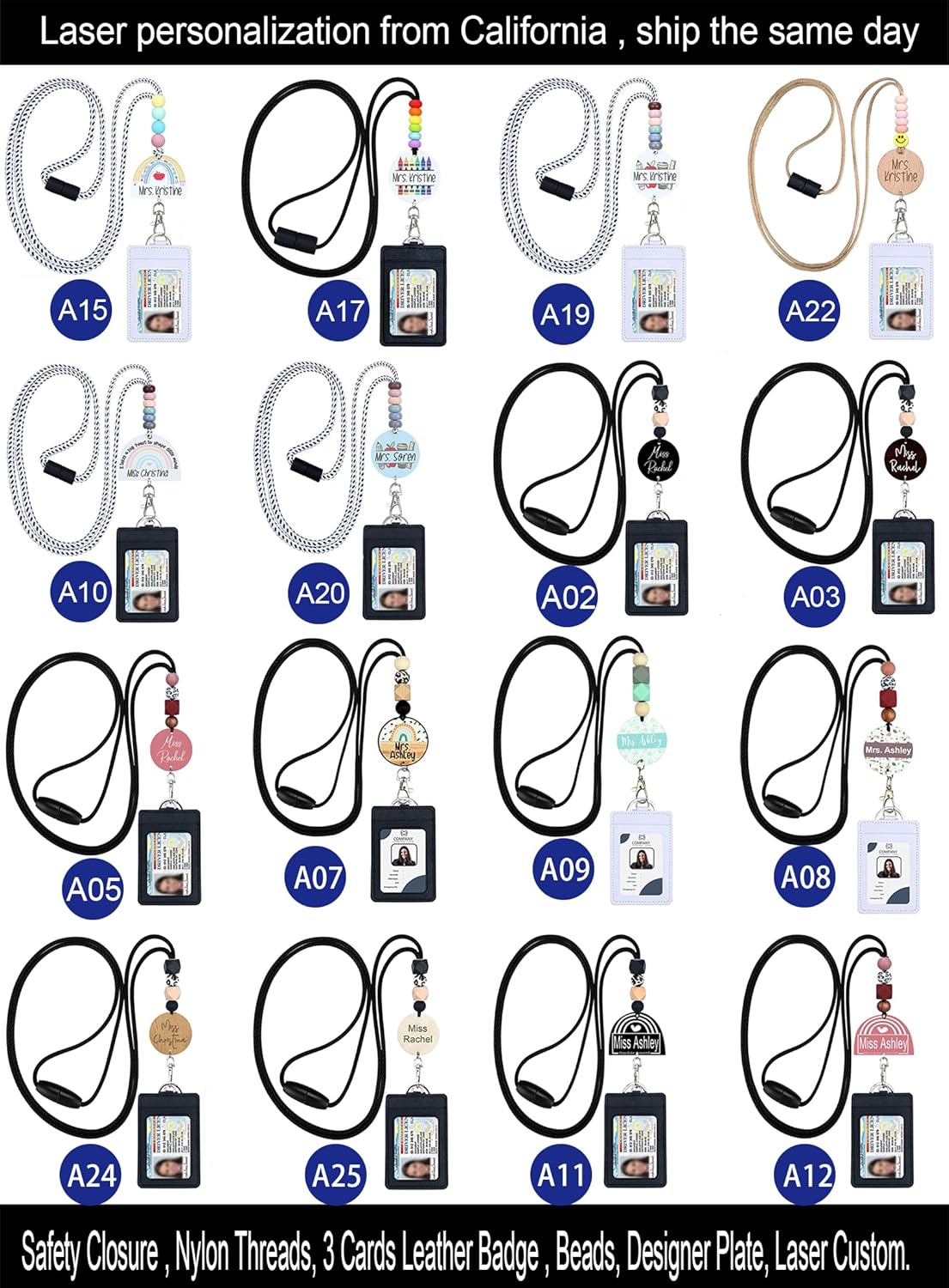 ABAMERICA Personalized Teacher Lanyards for Id Badges and Keys, Cute Beaded Lanyards for Women with Keychain and Leather Holder of 3 Card Slots