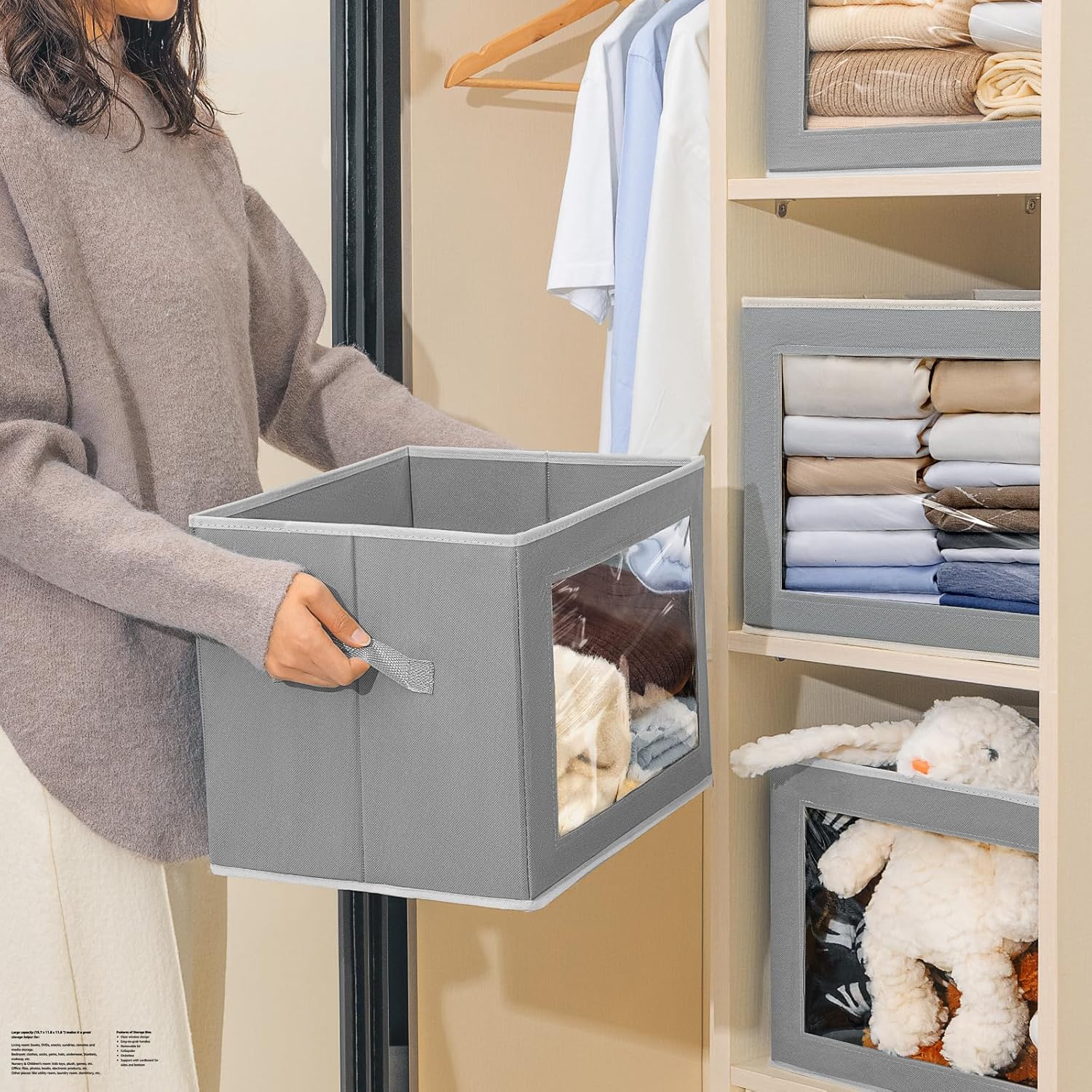 Contenedores de almacenamiento grandes con tapas, cubos de almacenamiento de tela con ventana, cajas de almacenamiento plegables para ropa,