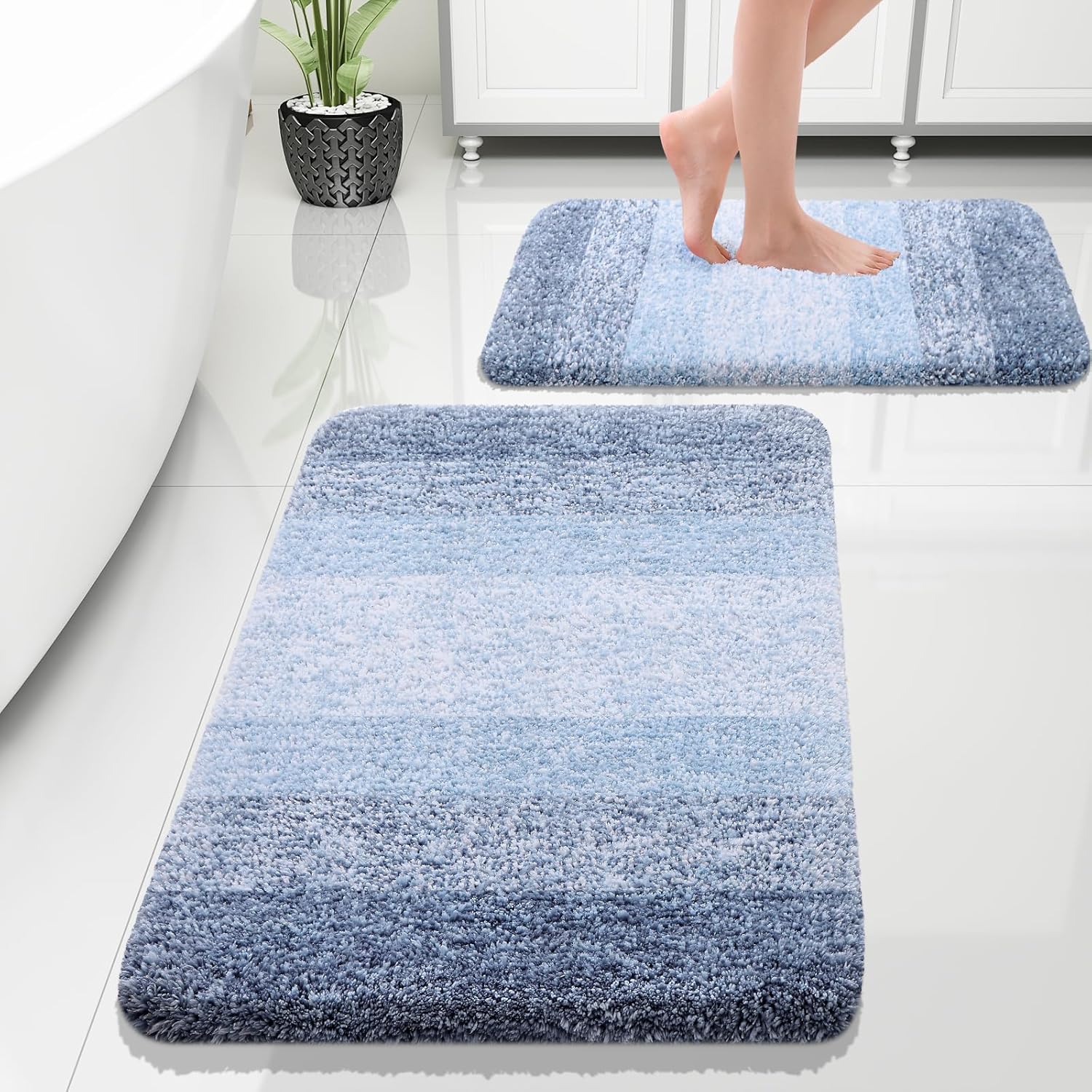 OLANLY Alfombra de baño y aseo en forma de U, tamaño 24 x 20 pulgadas, juego de alfombras de baño de 30 x 20 + 24 x 16 pulgadas, color azul, paquete
