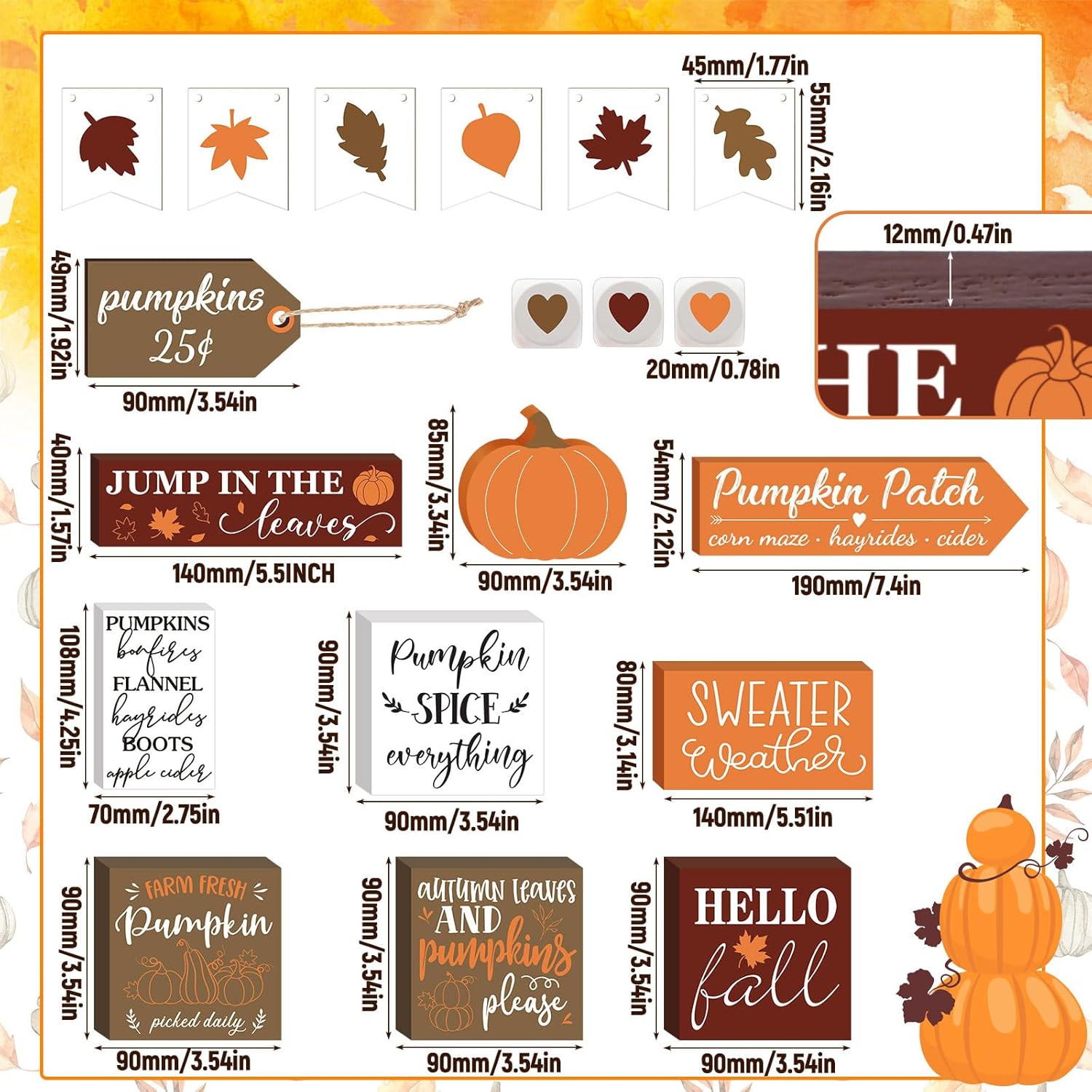 Juego de 15 bandejas escalonadas de otoño, decoración de calabaza, decoración de casa de campo, centros de mesa de hojas de arce de otoño, cosecha