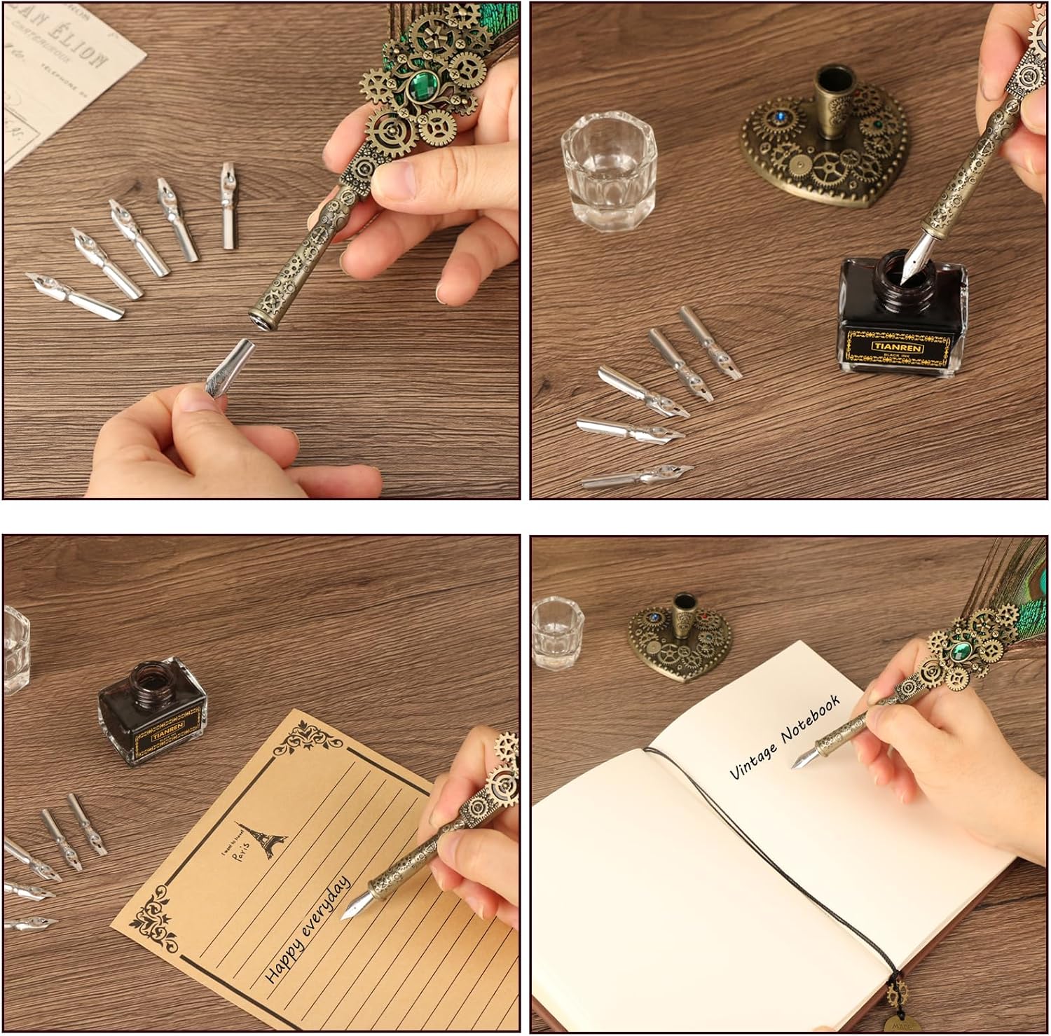 Juego de tinta de plumas, bolígrafo de inmersión con 1 botella de tinta negra, cuentas de cera, cera blanca, puntas reemplazables, cuaderno de cuero