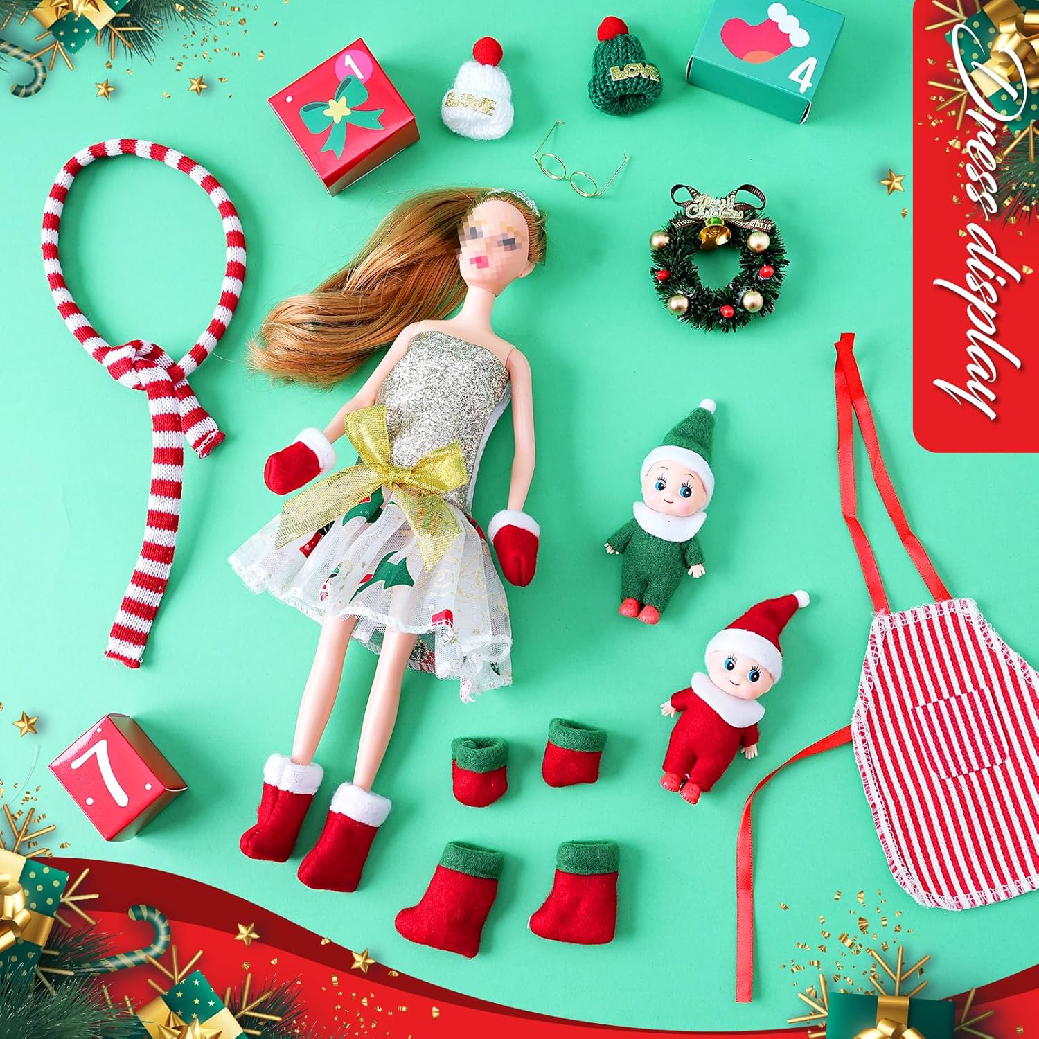MJartoria Calendario de Adviento 2024 para niñas y niños, accesorios de Navidad para muñeca de elfo, ropa de Papá Noel, calendario de Adviento de 24