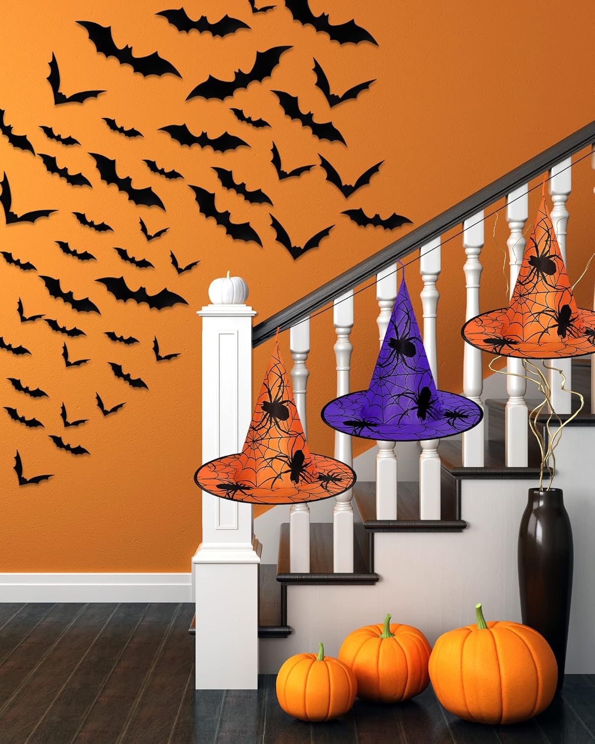 6 sombreros de bruja de Halloween con 60 calcomanías de murciélagos o arañas 3D, accesorio de disfraz de bruja para decoración de Halloween en