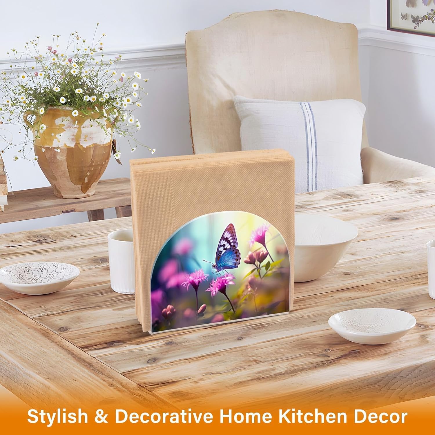 Napkin Holder Butterfly Flowers Napkin Holders for Tables, Clear Acrylic Napkin Holders Cocktail Napkin Holder for Kitchen Restaurant Bar Home Decor