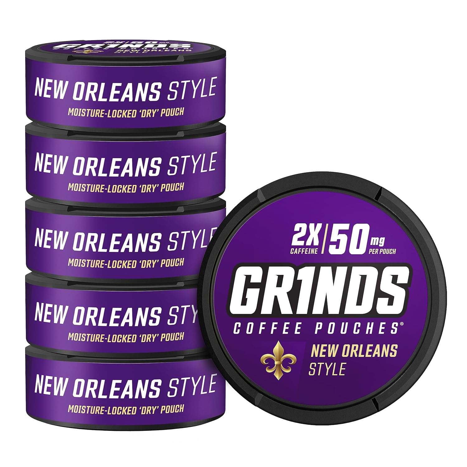 Grinds Bolsas de café  6 latas de Nueva Orleans  Fabricado en los Estados Unidos  18 bolsas por lata  2 x cafeína 1 bolsa equivalente. 12 taza de