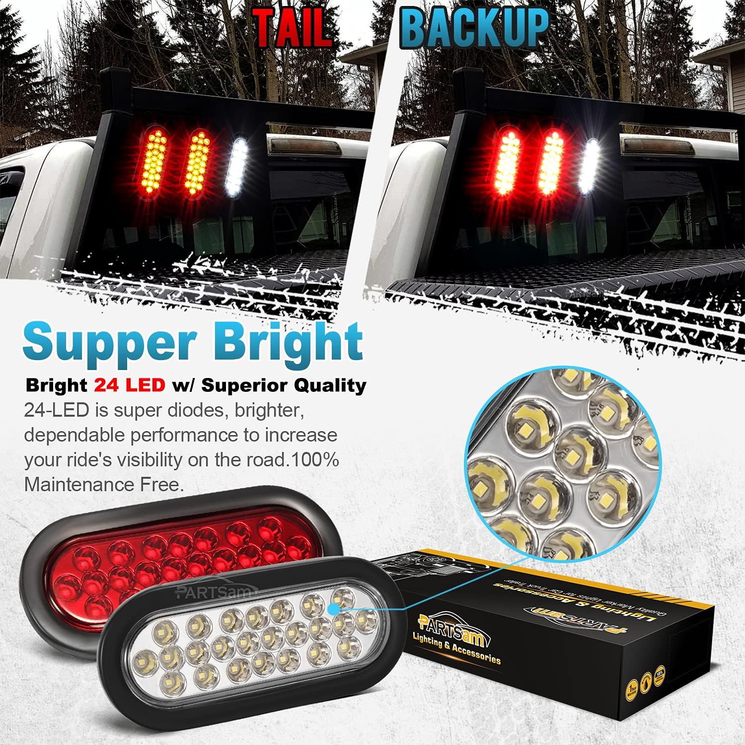 Partsam 2 luces traseras ovaladas rojas + 2 blancas de 6 pulgadas, 24 luces traseras de freno, kit de luz de marcha atrás para camión, remolque,