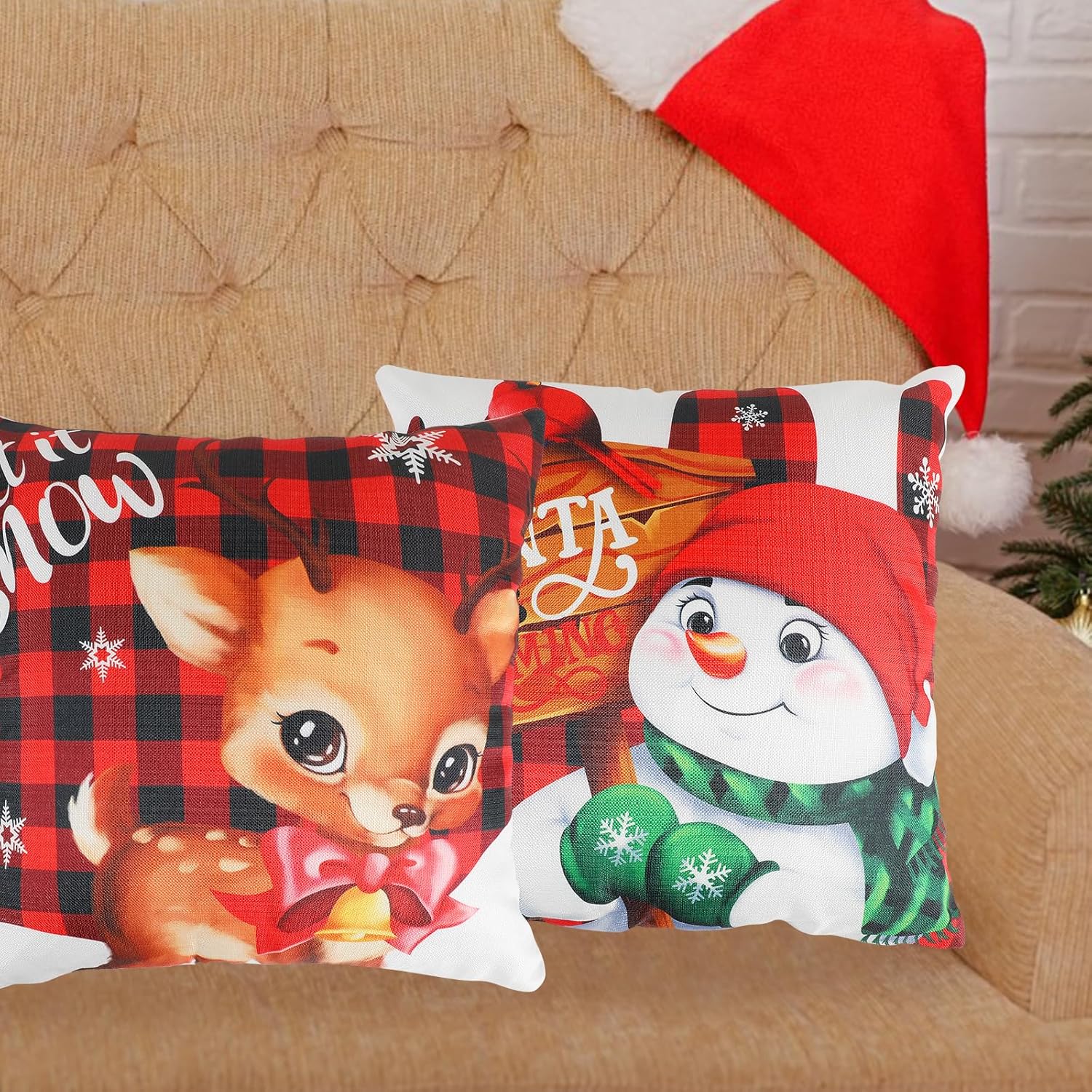 LOMIMOS 4 fundas de almohada de Navidad, 17 x 17 pulgadas, muñeco de nieve, Papá Noel, Else, decoración para el hogar, sofá, dormitorio, balcón