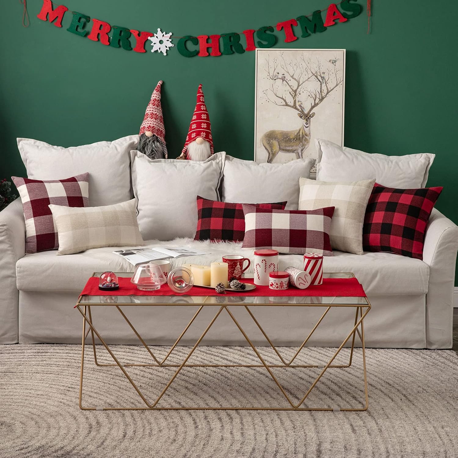 MIULEE – Paquete de 2 fundas de almohada decorativas clásicas de Navidad a cuadros retro de lino de poliéster suave sólido negro y rojo para