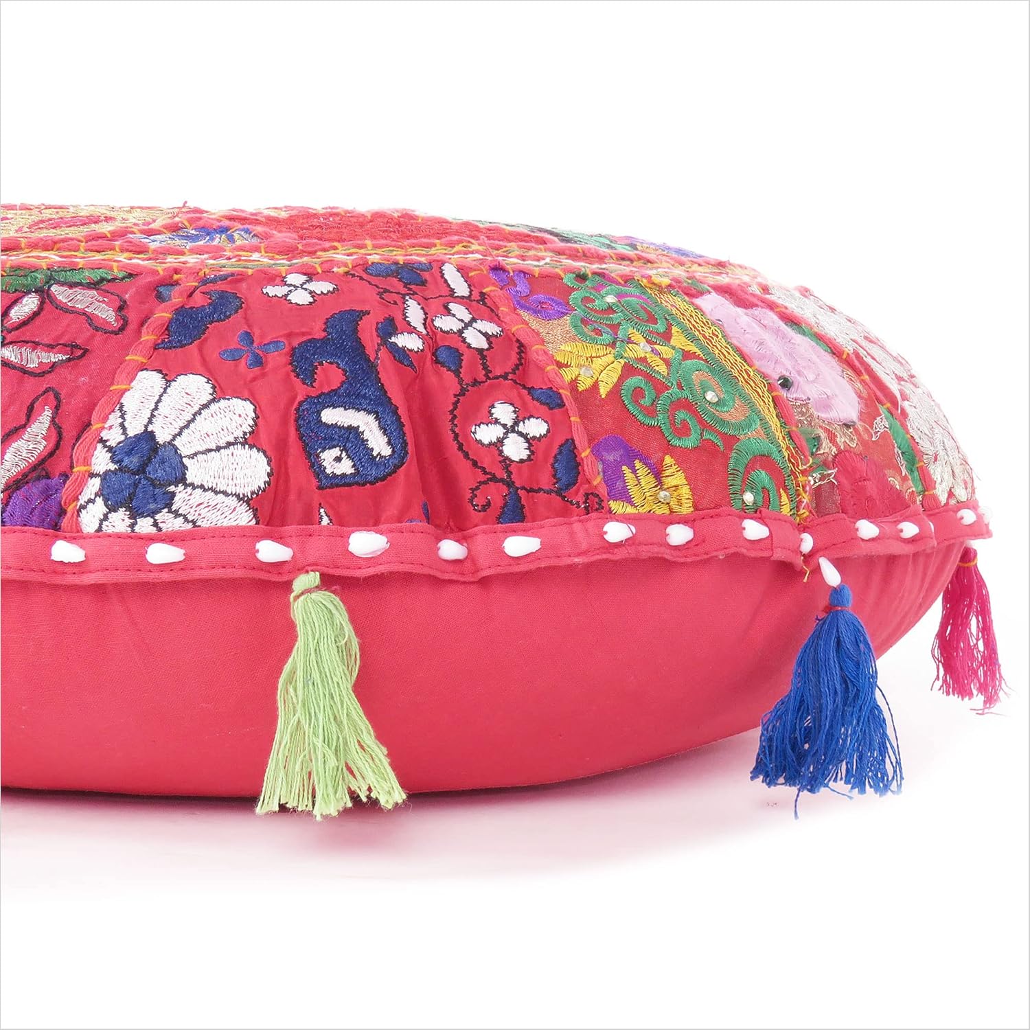 Mam Treasures – Funda de cojín decorativa redonda colorida de retazos para meditación, cojín de meditación, acento bohemio, funda india hecha a mano