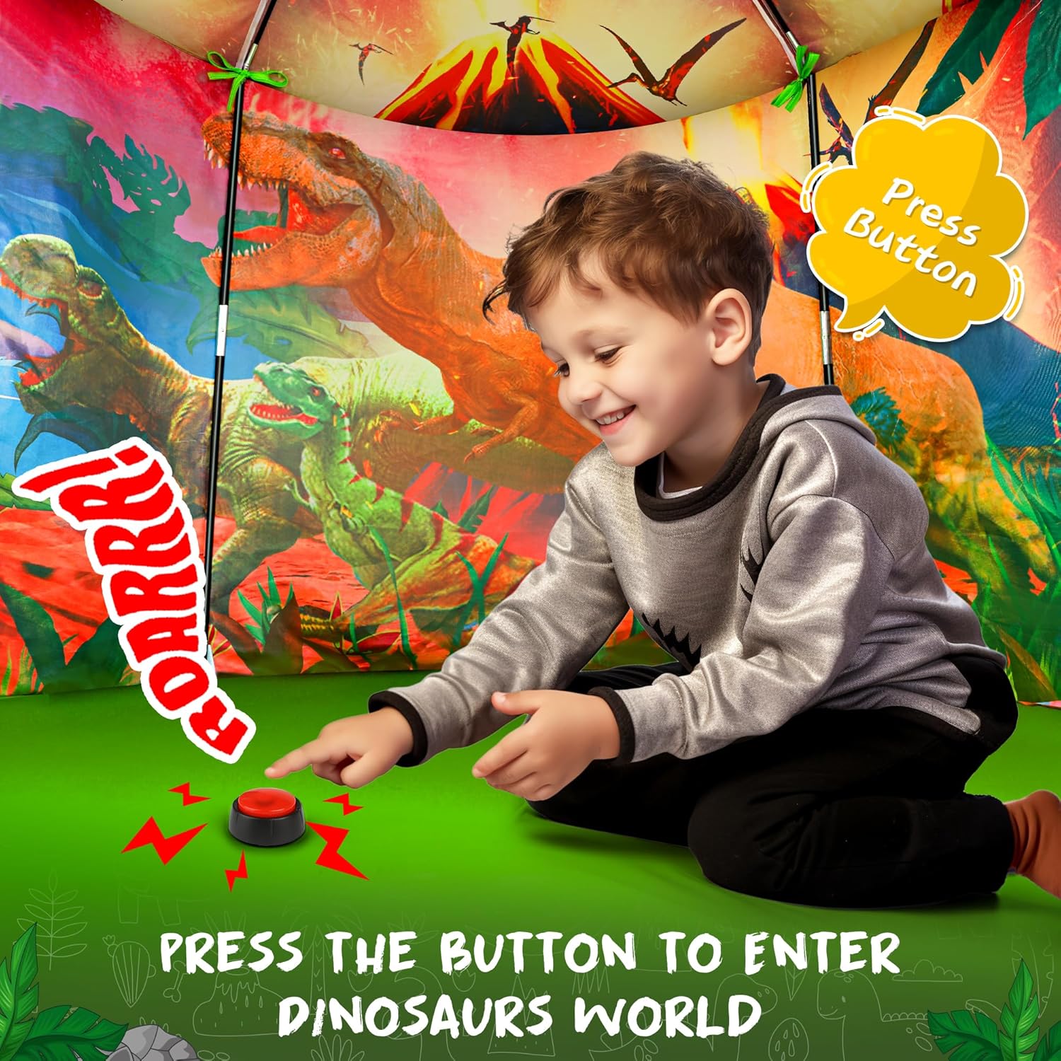 HopeRock Tienda de campaña de dinosaurio para niños con botón de rugido, tienda de campaña para niños con juguetes de dinosaurio para niños y niñas,