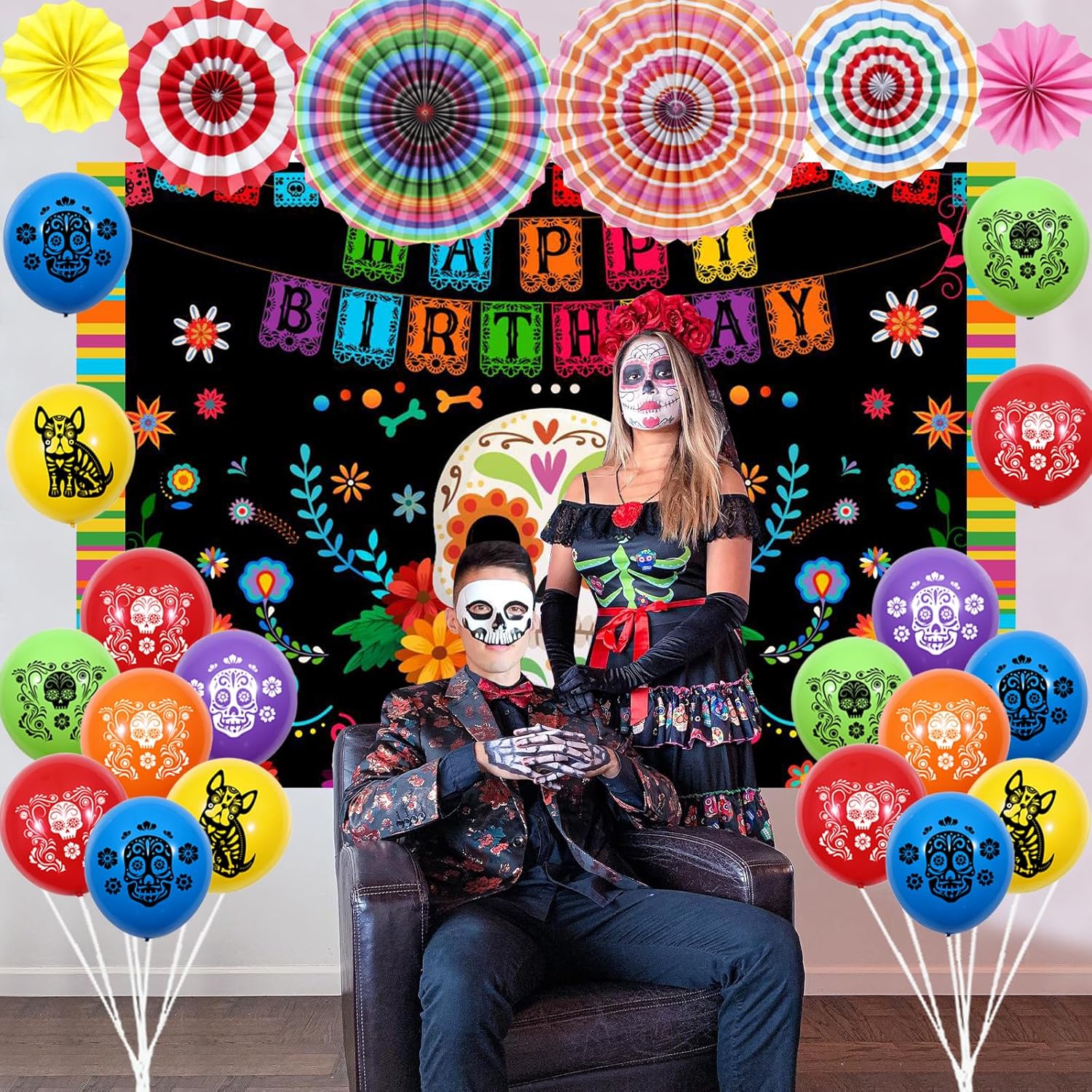 Decoraciones de cumpleaños del Día de los Muertos, globos del Día de los Muertos, telón de fondo de calavera de azúcar, mantel para cupcakes,