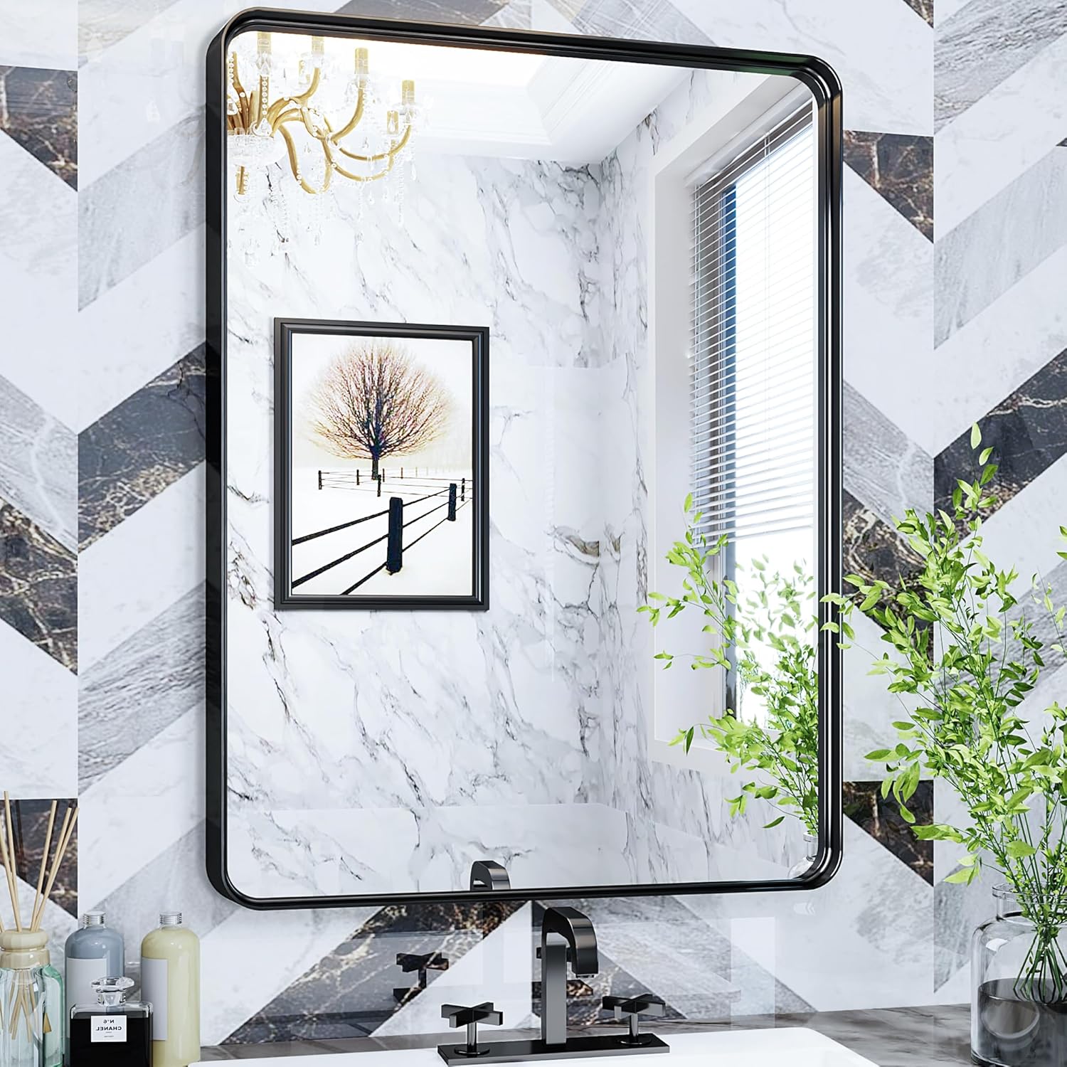 Bl2ack Met3332al Frame23r – Espejo de pared para baño, marco de metal negro 2, decorativo