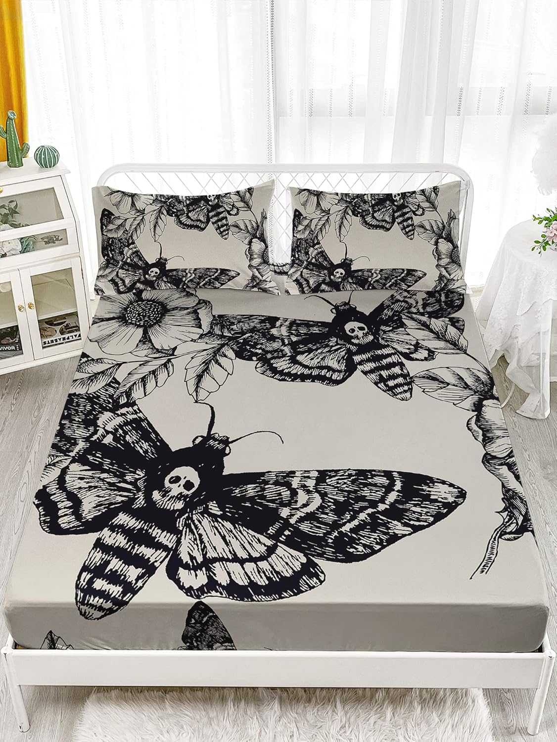 HOSIMA Juego de ropa de cama de polilla de la muerte para niñas, adolescentes, niños, decoración de calavera, sábana bajera ajustable tamaño