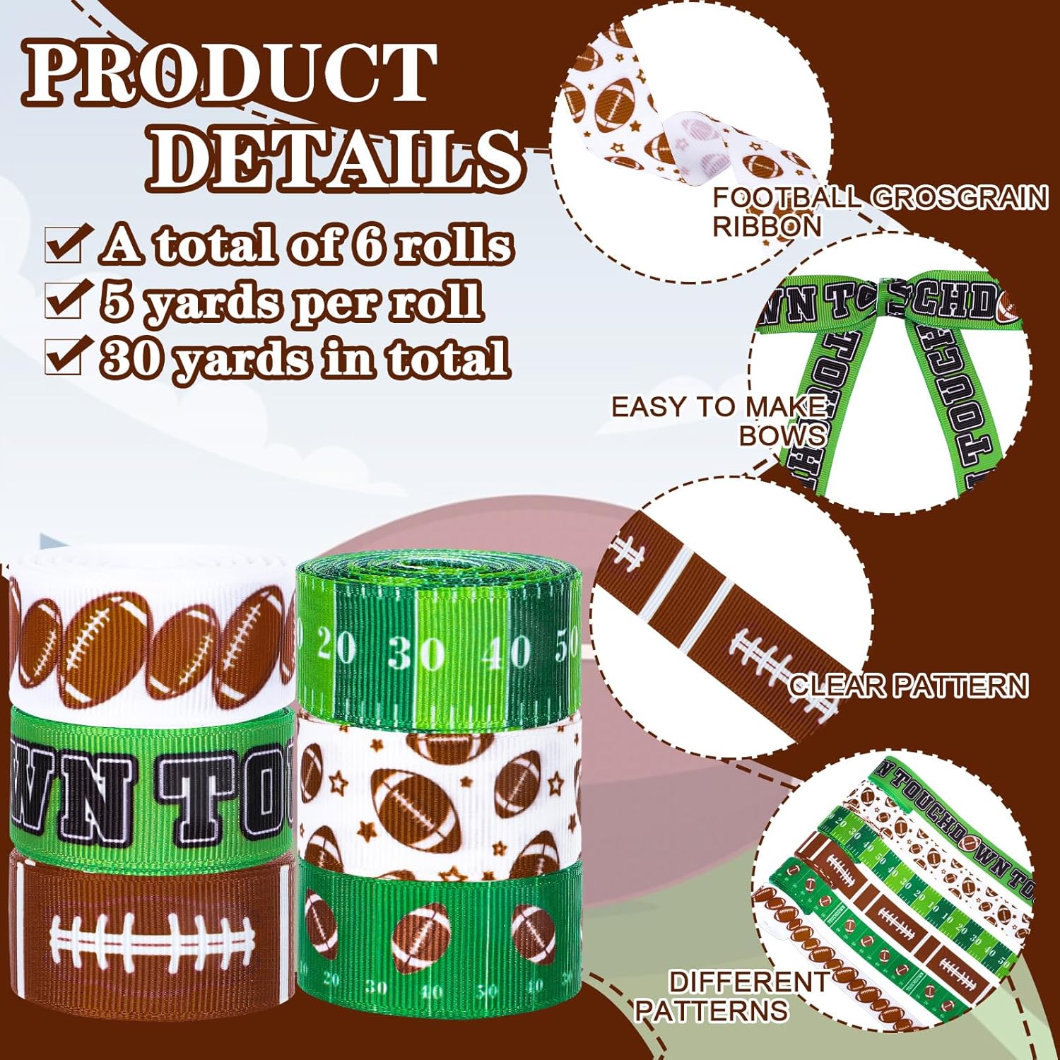 Whaline 6 rollos de cinta de grogrén de fútbol de 30 yardas, patrón de campo de pelota de rugby, cinta de tela decorativa de equipo deportivo para