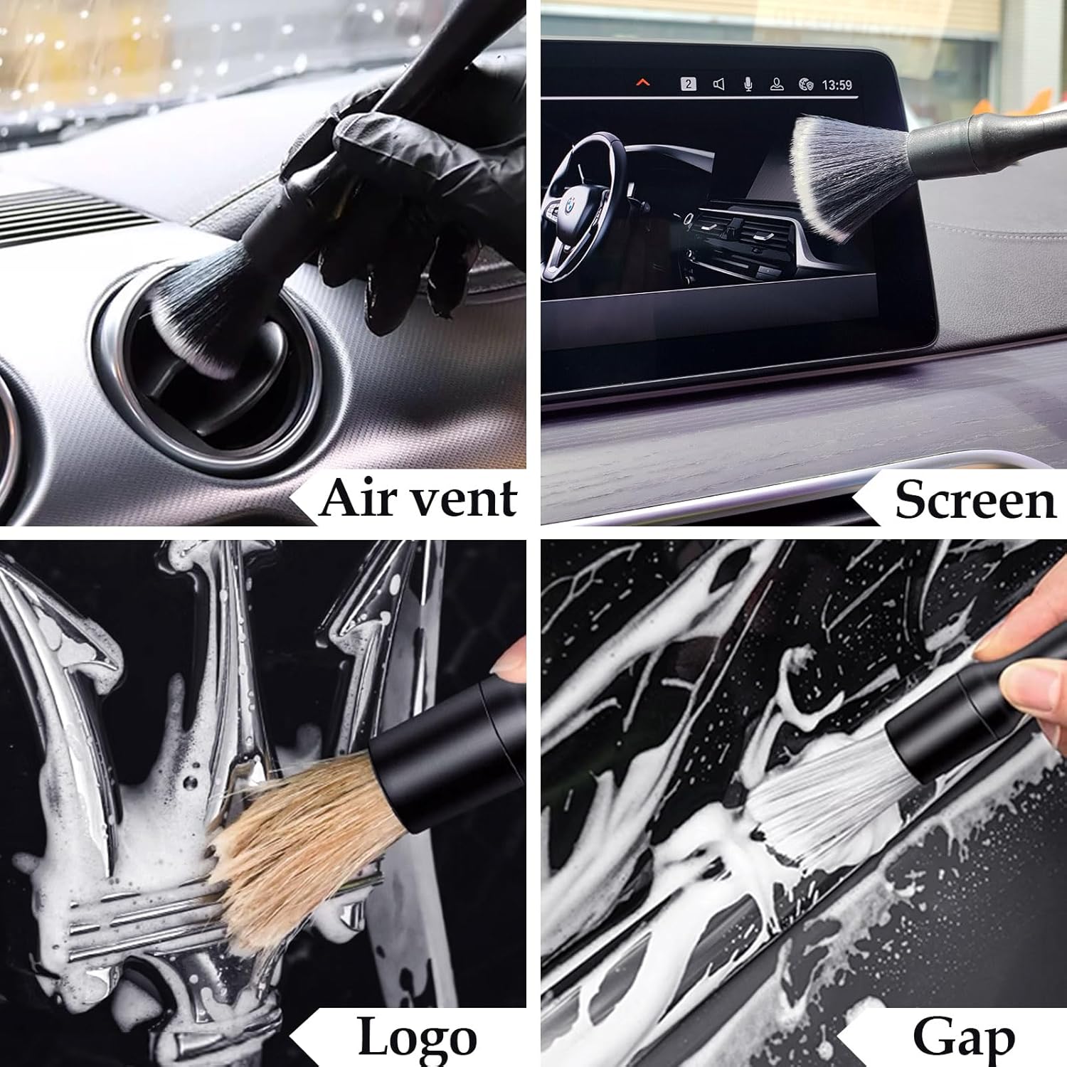 3 cepillos multifuncionales para detalles de automóviles de diferentes tamaños, ultra suaves, accesorios para limpiar ruedas de automóvil, emblemas,