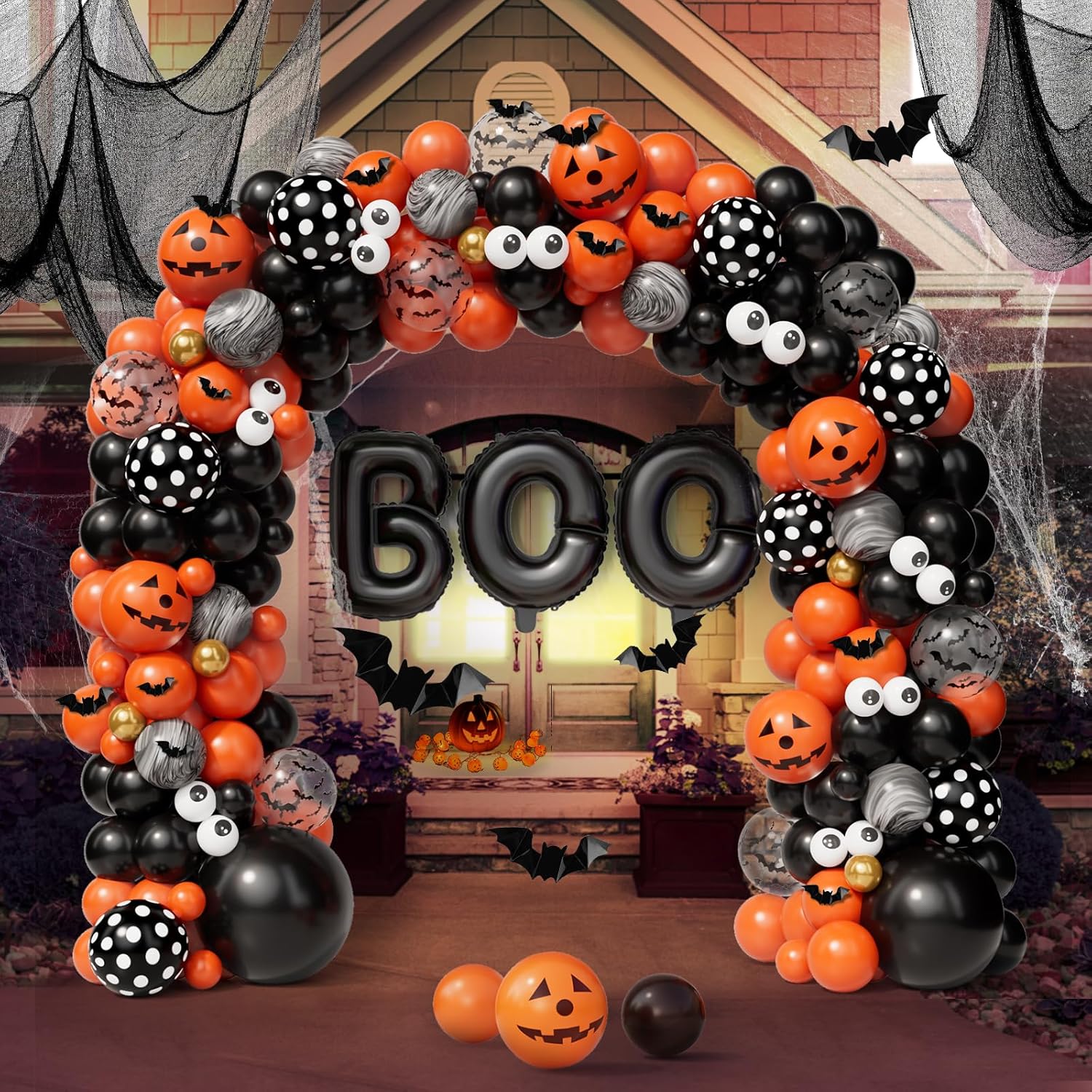 AobkDeco Kit de arco de globos de Halloween de 141 unidades, globos de ojos negros, naranjas y dorados, globos de Halloween con globos BOO,