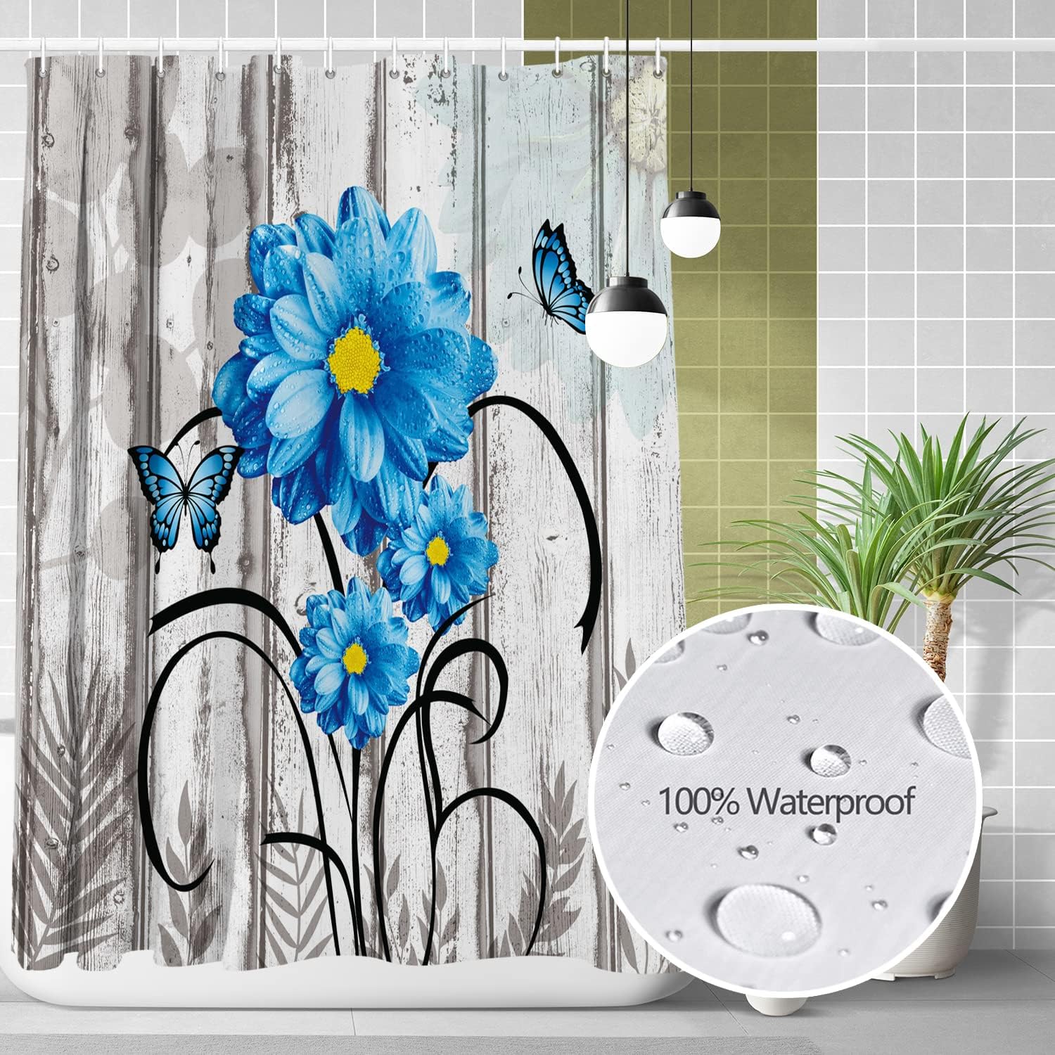 Cortinas de ducha con diseño de mariposas florales para baño, cortina de ducha rústica, tela de margaritas azules sobre madera campestre, juego de
