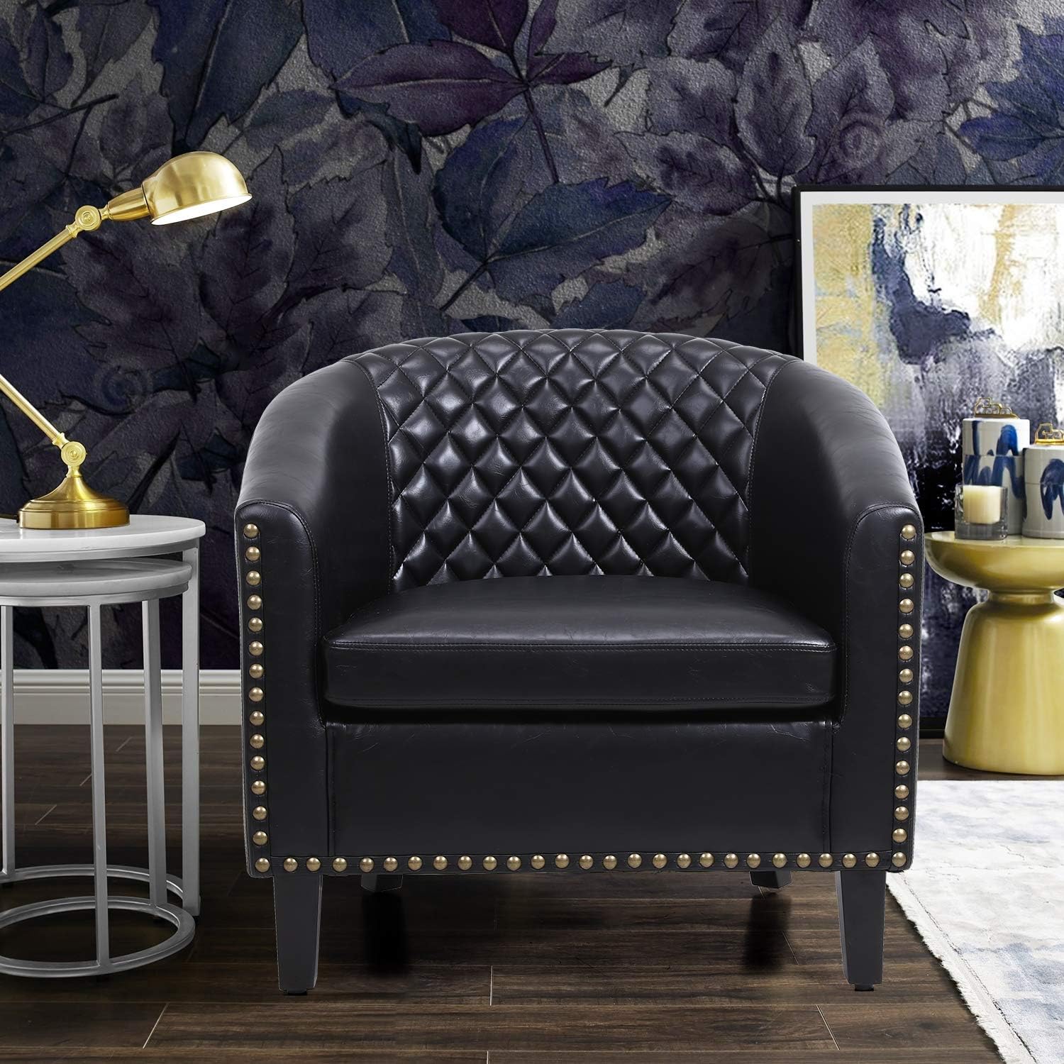 Silla de barril de cuero PU negro para sala de estar Sillón de ocio con cabezas de clavos y patas de madera maciza, talla única