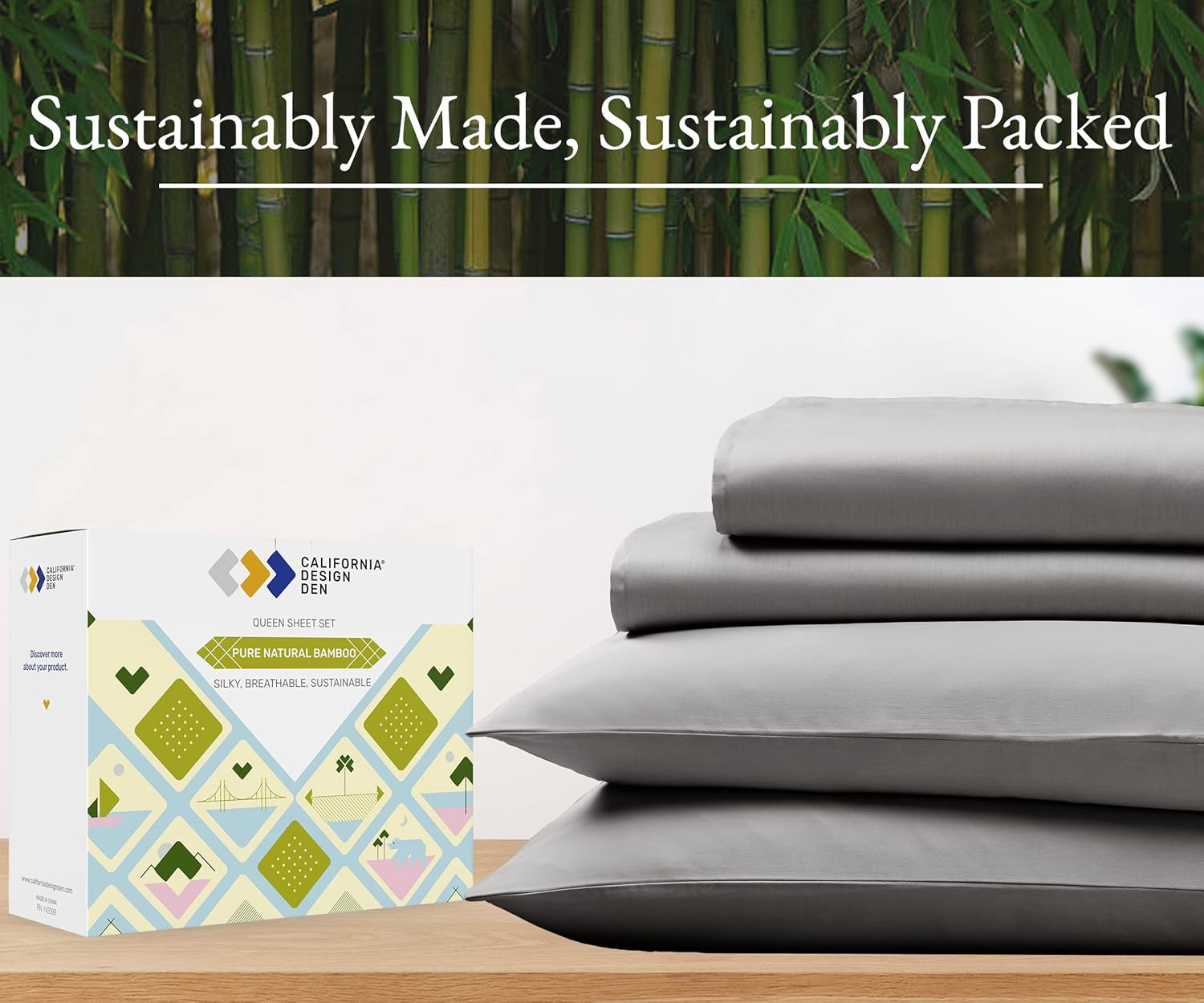 California Design Den Rayón de bambú – Juego de sábanas de 4 piezas, sábanas refrescantes de lujo, sábanas grises para cama de tamaño California