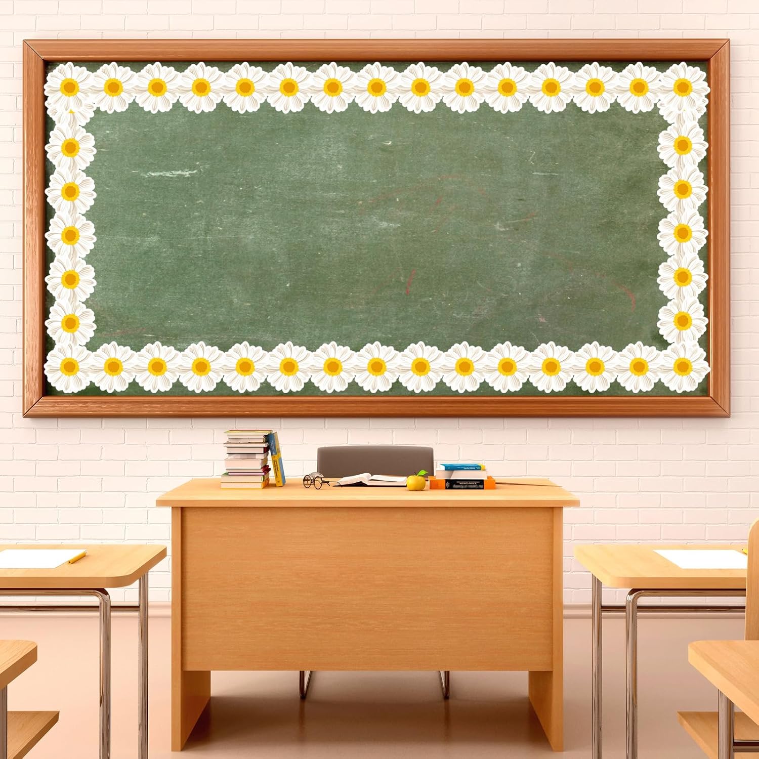 Whaline Rollo de tablero de anuncios de flores de margaritas de primavera, 32.8 pies, 3D blanco floral, troquelado, para primavera, verano, aula,