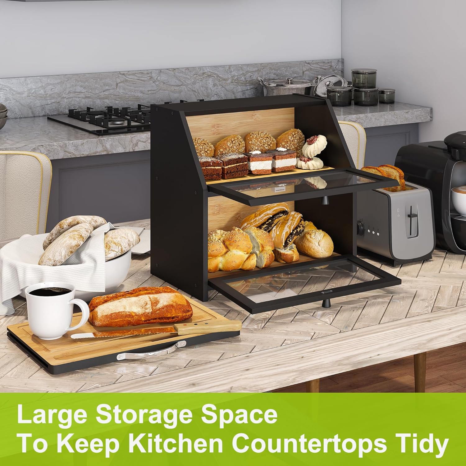 BMOSU Panera con tabla de cortar, almacenamiento y organizador de pan de cocina, encimera de granja, panera doble de madera de bambú, cubo de gran
