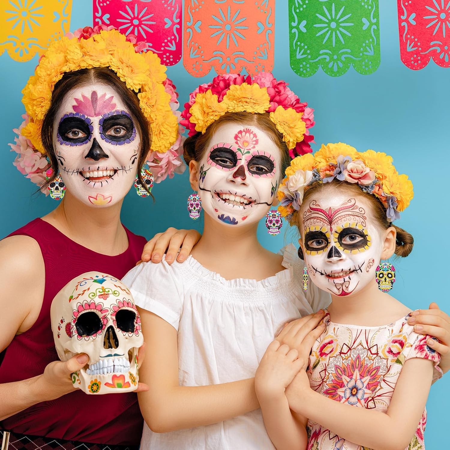 Juego de 10 pares de aretes de diamantes 5D con forma de calavera para el Día de los Muertos, pintura de diamantes para mujeres, México, aretes de