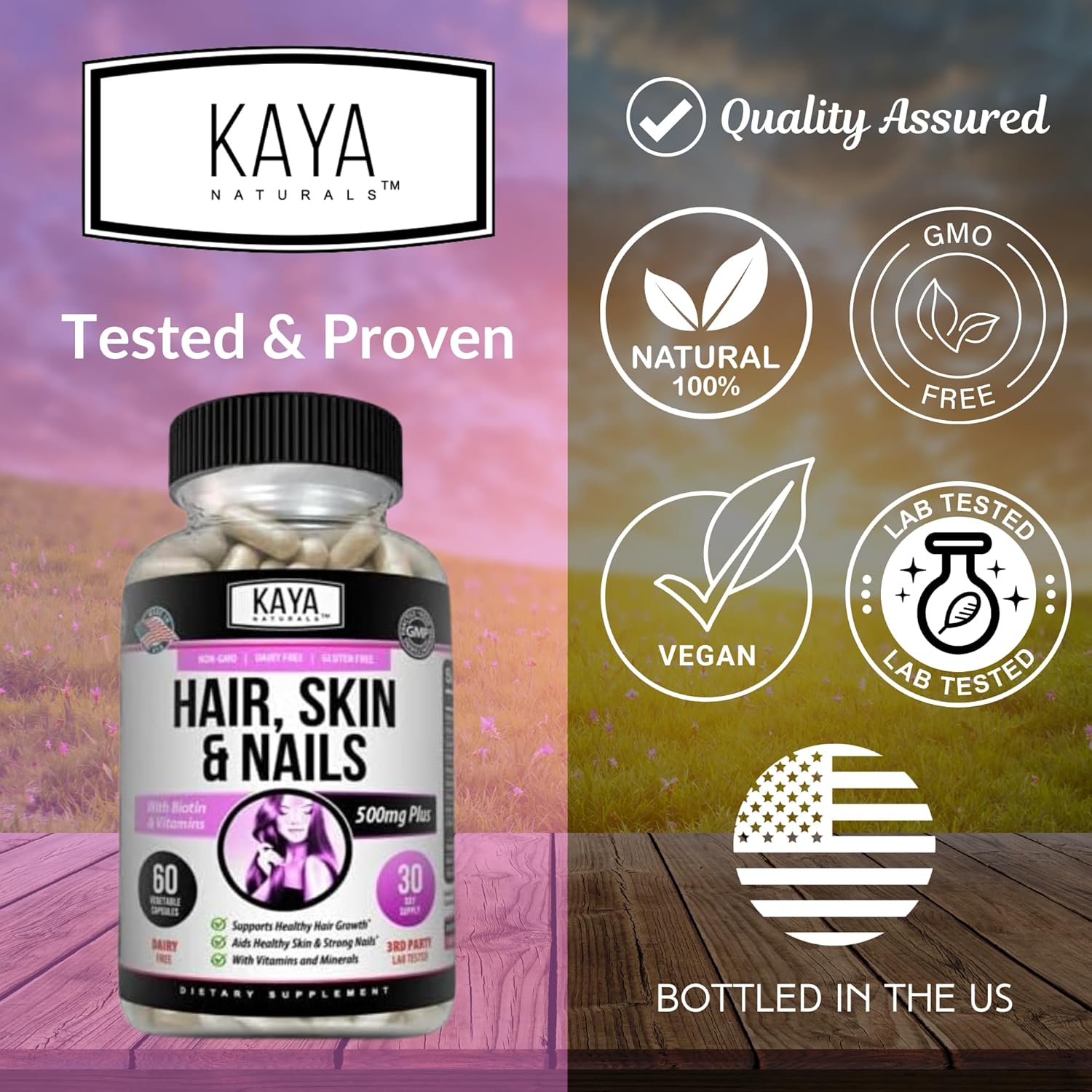 Kaya Naturals Cápsulas de uñas BIOTIN Vitamina D Vitamina B-12 A Apoyo de ácido fólico, Suplemento vitamínico de apoyo para el cabello