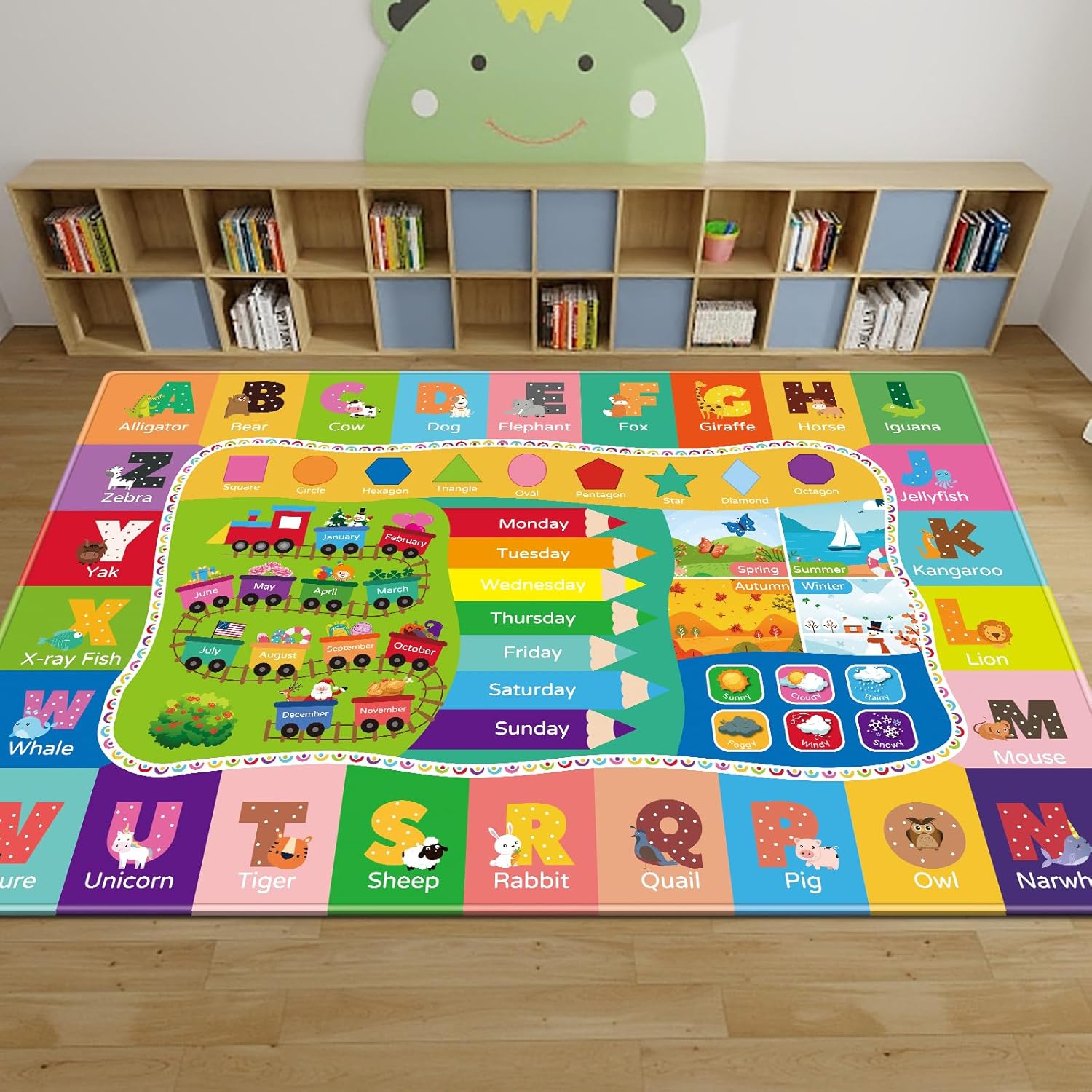 AKASISRUG Alfombra de juego para niños, colección Playtime ABC, forma, temporada, mes, semana, aprendizaje educativo para sala de juegos de niños,